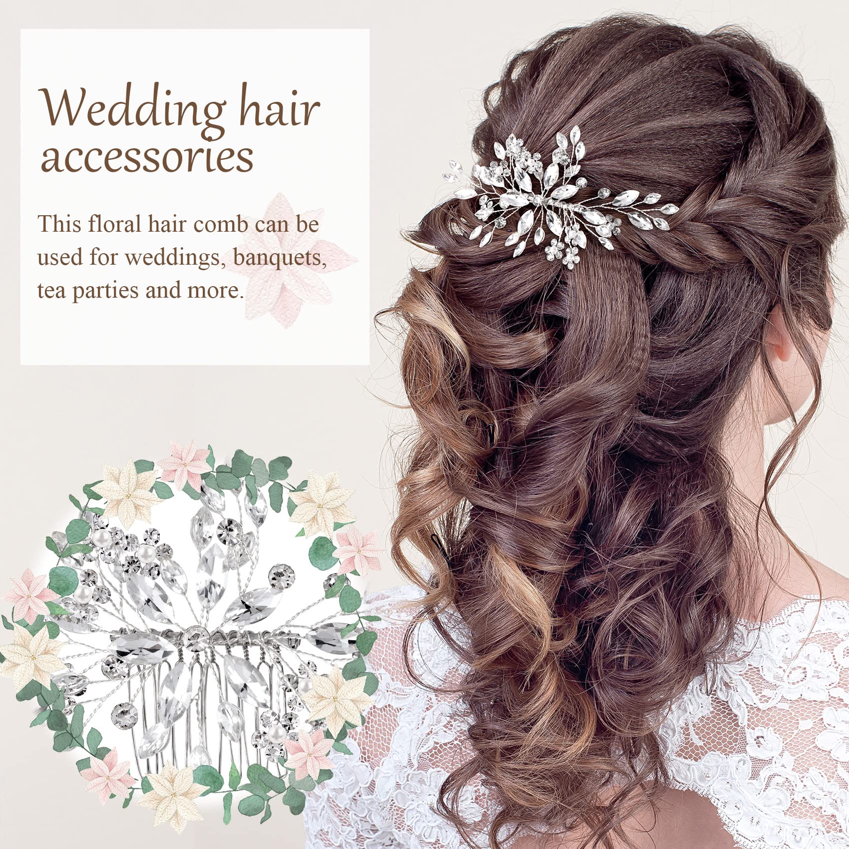 HINZIC Pettine per capelli da sposa in cristallo, con perle di fiori, accessori per capelli, per donne, ragazze, feste, cosplay, Natale, San Valentino, confezione da 1