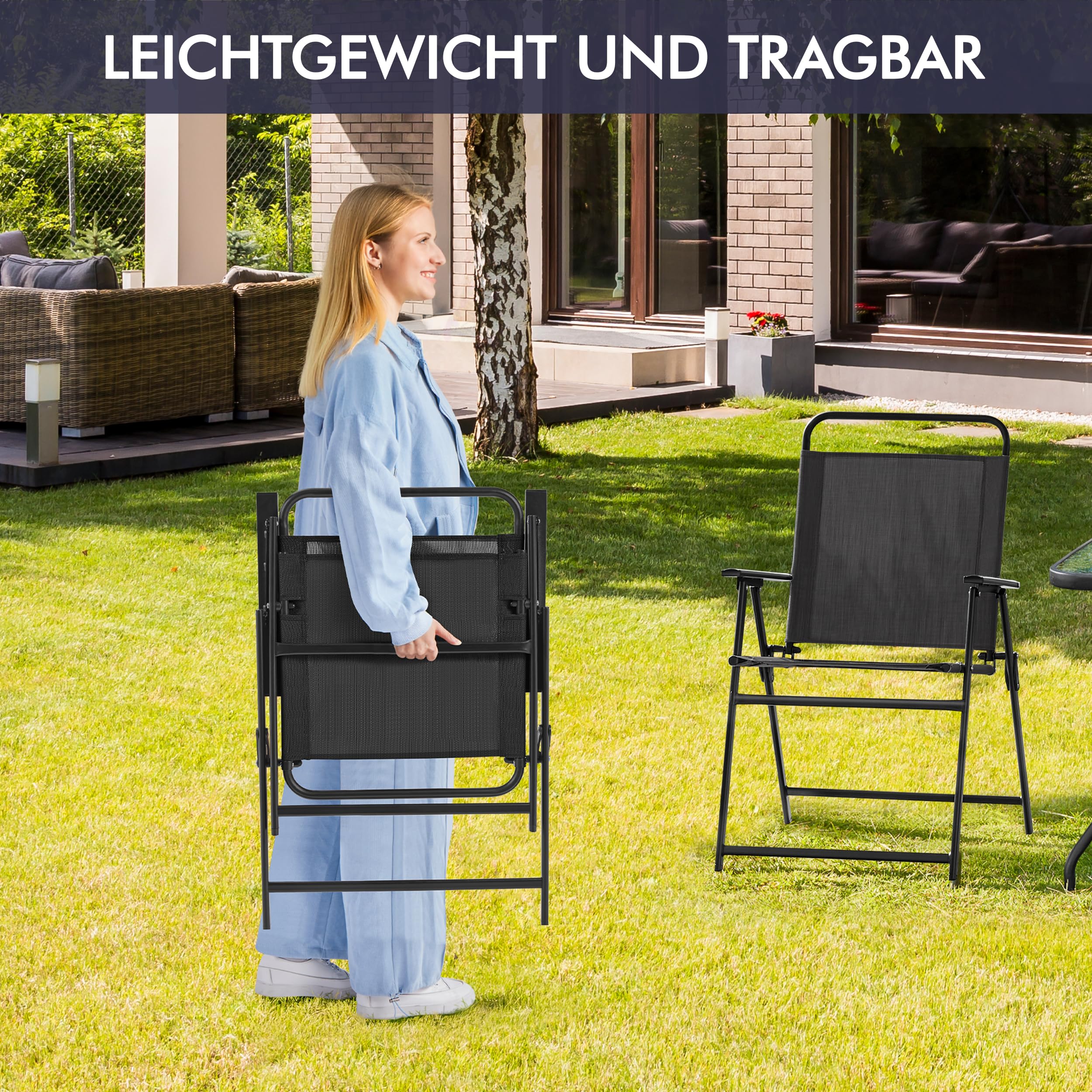 Yaheetech Set di 4 sedie pieghevoli da giardino, con schienale alto e braccioli, capacità di carico fino a 100 kg, colore: nero