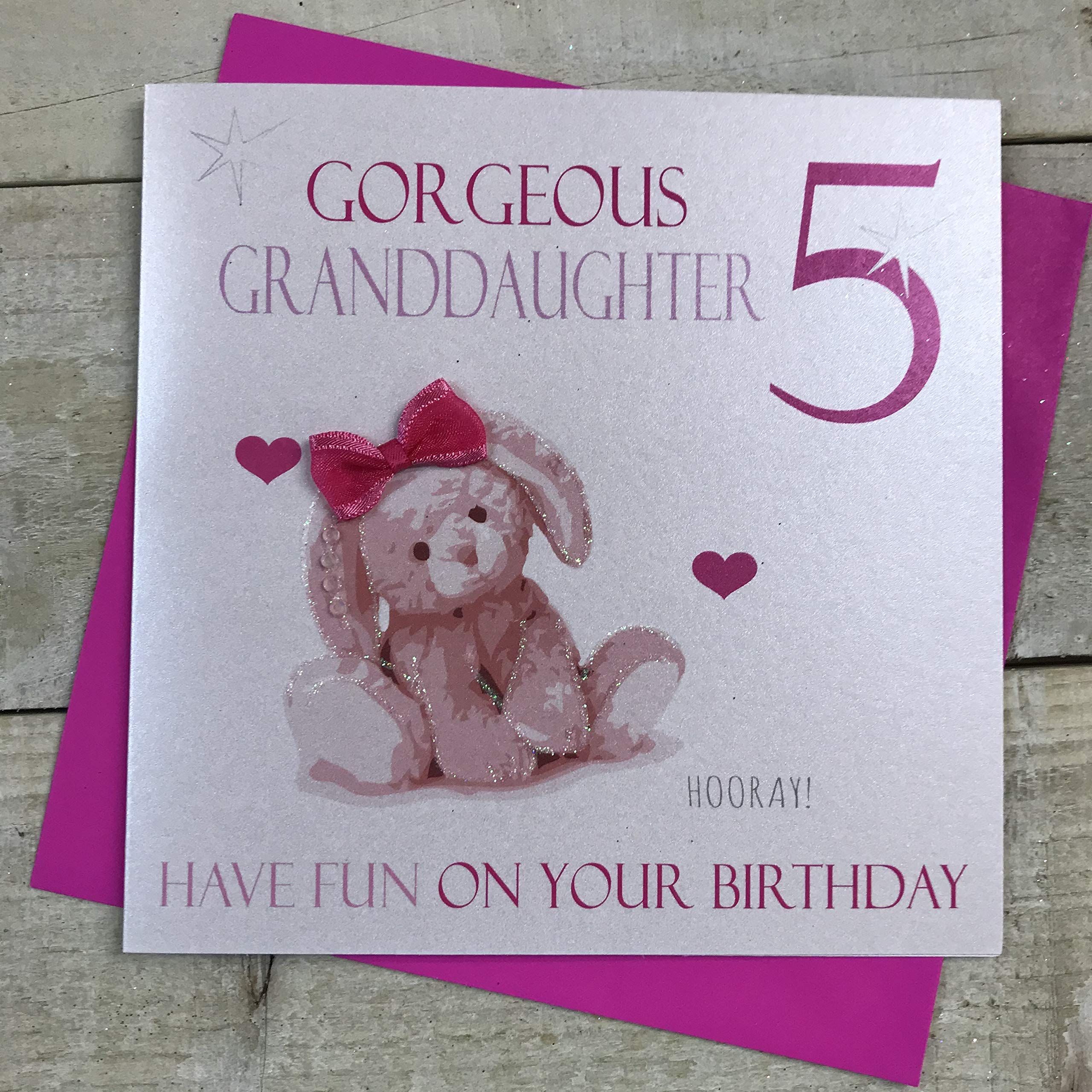 WHITE COTTON CARDS "Gorgeous Granddaughter 5, Pink Bunny Handmade Age 5 Birthday Card, Ngd5