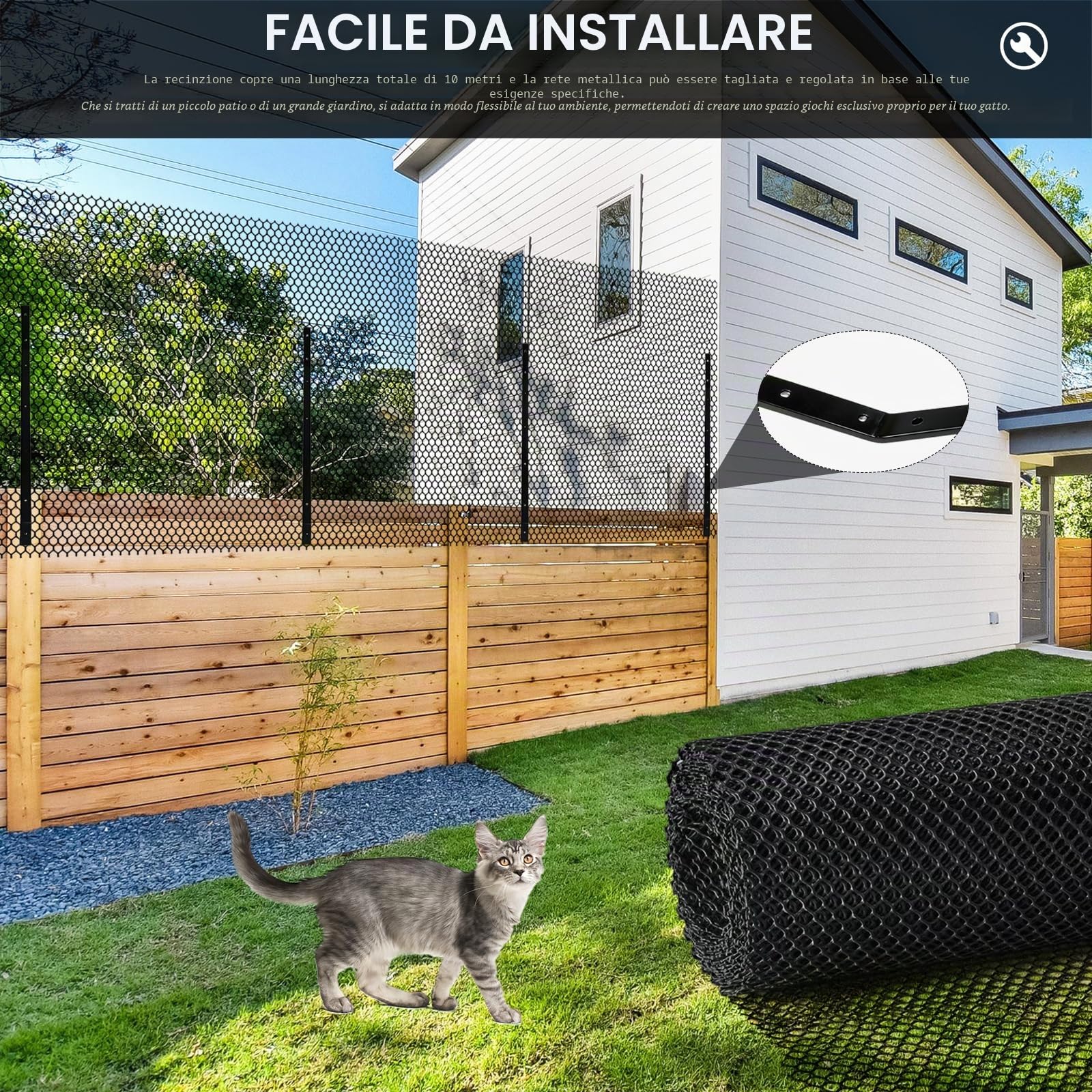 Barriera Anti-arrampicata di Gatto, Rete di Recinzione per Esterni Gatti da 10 m, Recinzioni Reti da Giardino Resistente alle Intemperie, Recinzione a Rete Tagliabile con Staffe da Parete Antiruggine