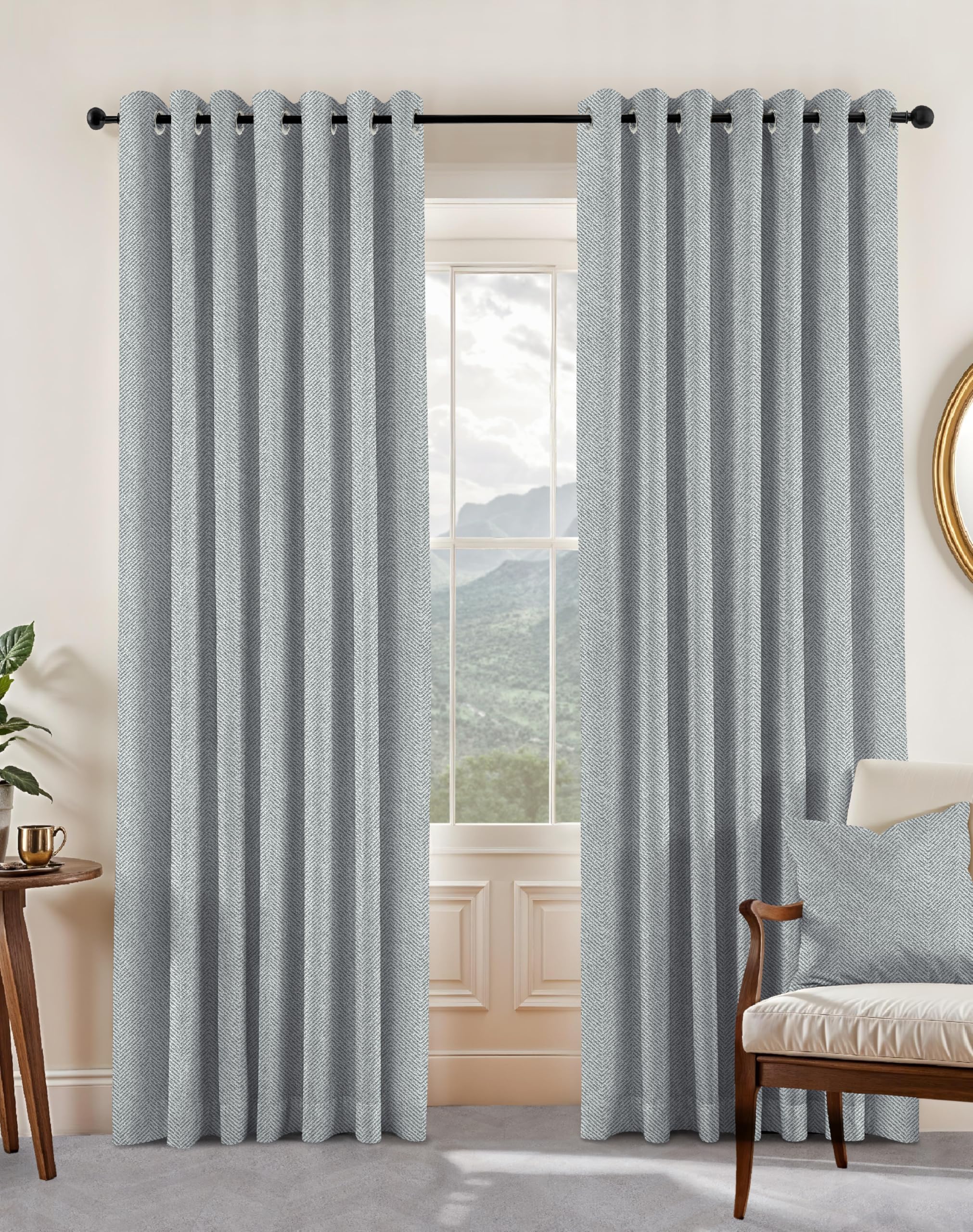 NEFERTITI HOME Herringbone Piece Polyester Eyelets (Steel) Blackout Curtains with Tie Back, Bedroom Living Room (9 Feet (Set of 2), Grey)