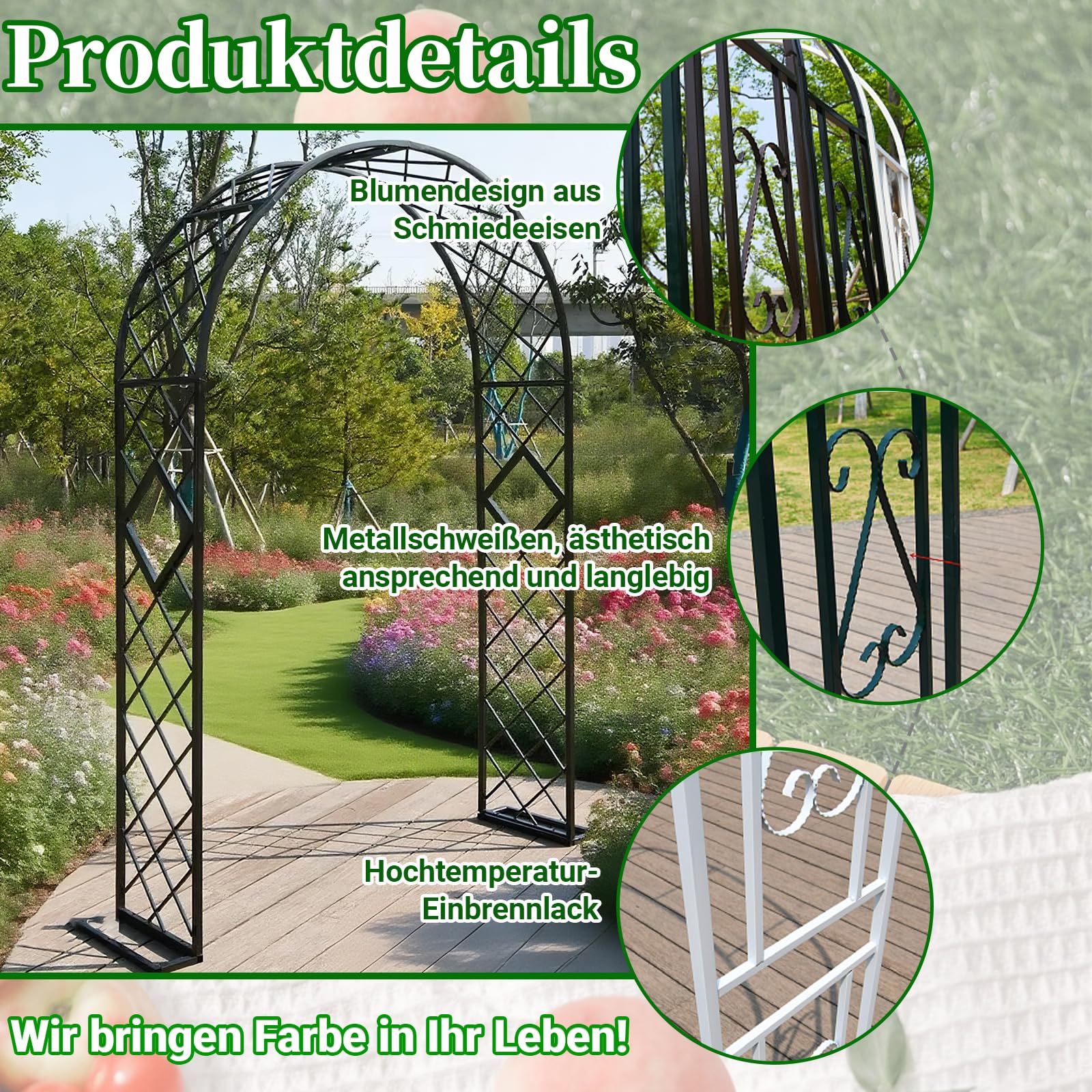 Gartenbogen aus Metall,Rosenbogen,Garten Dekoration mit Sockel, Tragbarer Blumengirlanden Rahmen für Party, Hochzeitsdekoration Outdoor(L180xW40xH230cm) Schwarz-A