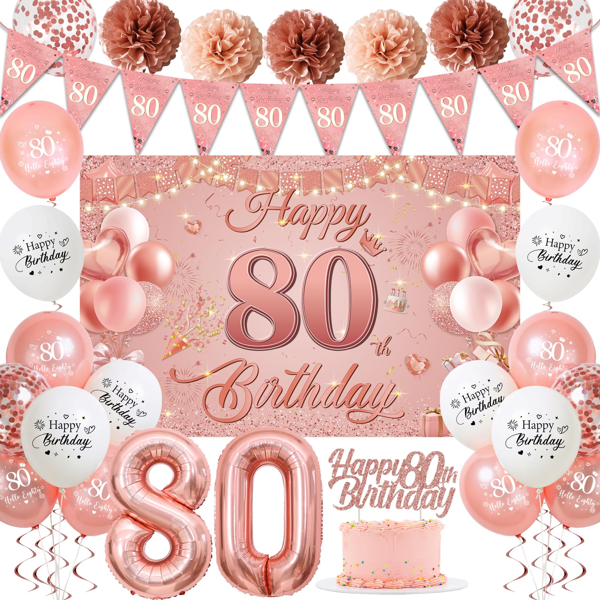 80th Birthday Decorations for Women - Pink Rose Gold 44Pcs 80th Bday Balloon Backdrop Set with Pennant Banner Number 80 Balloons, Photo Backdrop Pom Poms Cake Topper for 80 Year Old Party