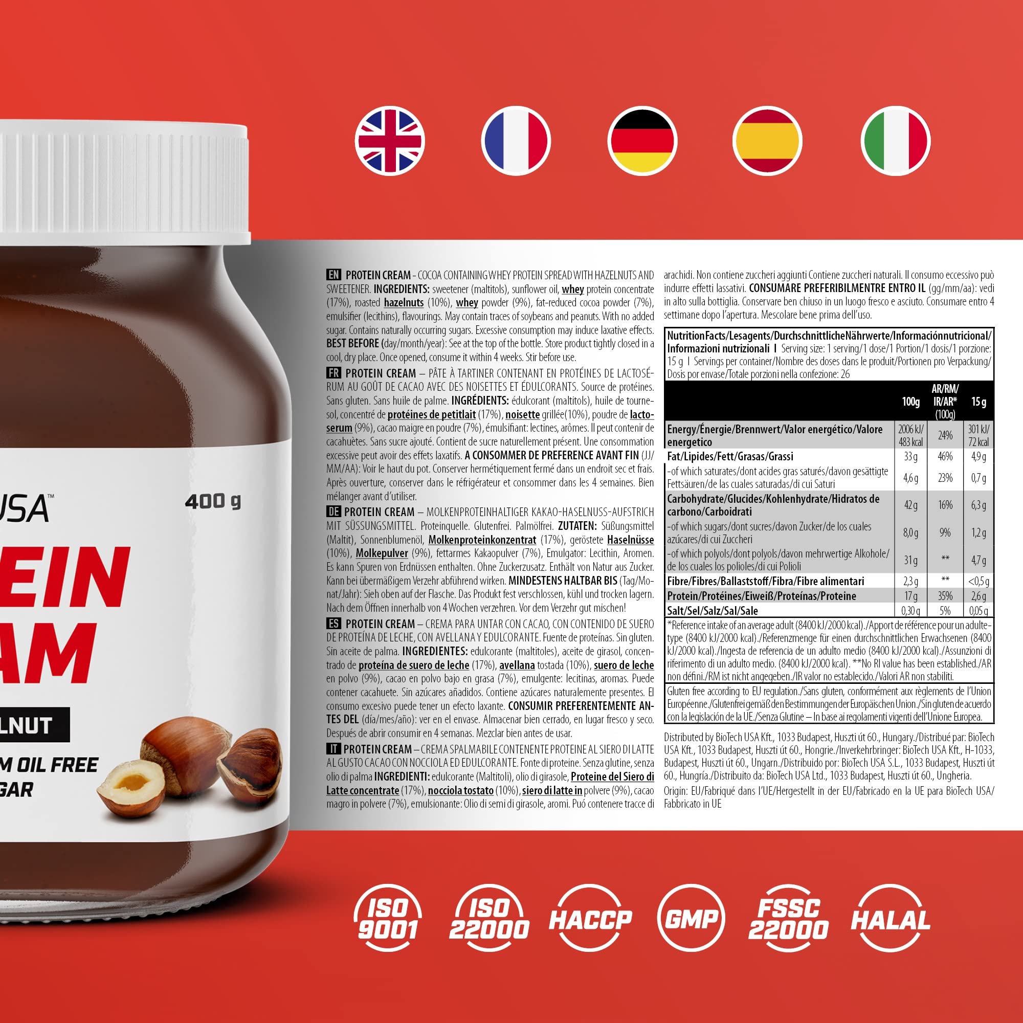 BioTechUSA Protein Cream | Riche en protéines | Tartinade de cacao et de noisettes | Sans gluten | Sans huile de palme, 400 g, Cacao-noisettes