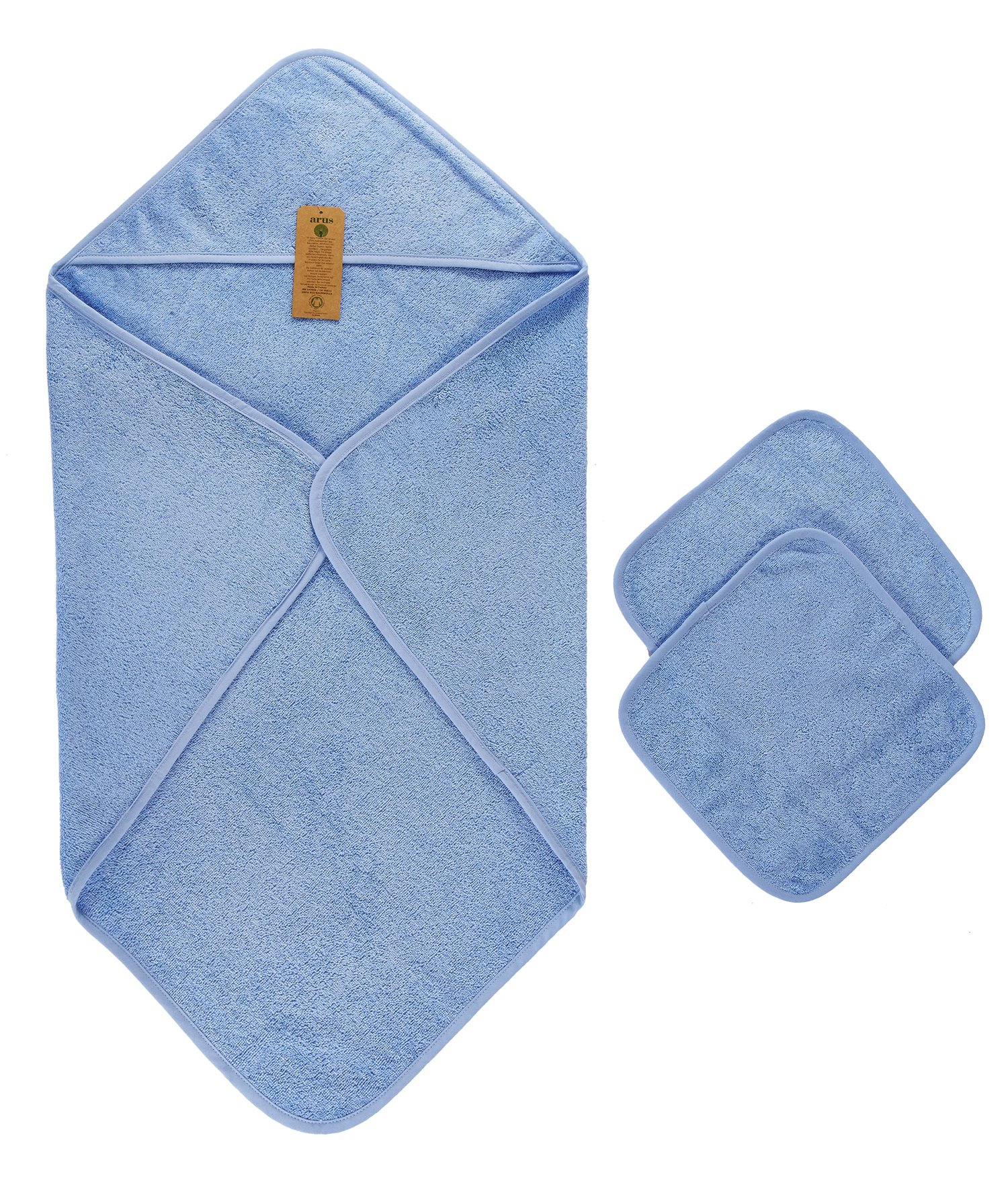 Arus Baby Organic Turkish Cotton Terry Hooded Nursery Towel Wrap Set, Blue, 6-12 Months