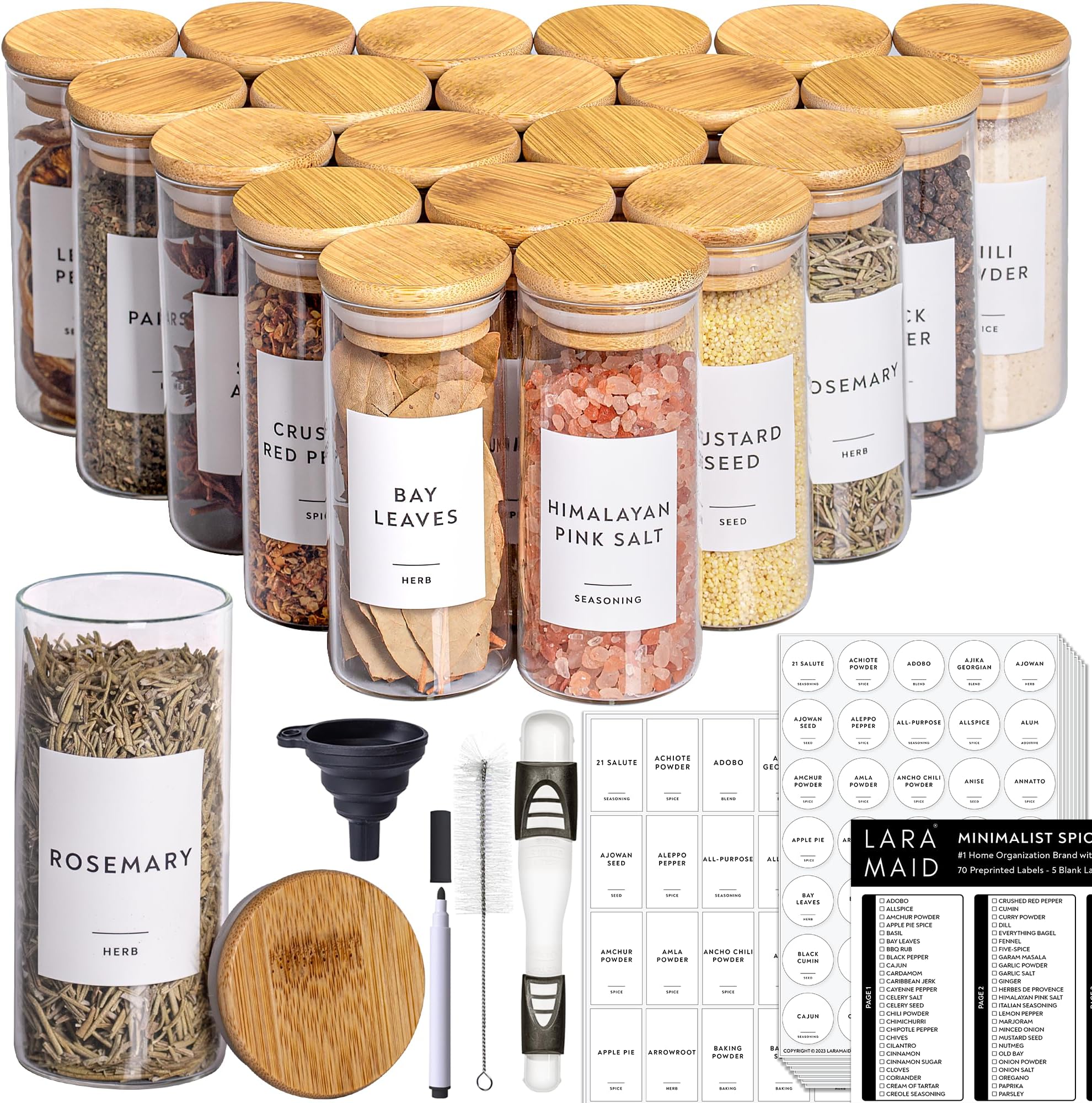 Laramaid 4oz 20Pack Spice Jars with Minimalist Spice Labels, Round Jar Canisters with Polished Bamboo Lids, Adjustable Measuring Spoon, Black Pen, Cleaning Brush & Collapsible Silicone Funnel