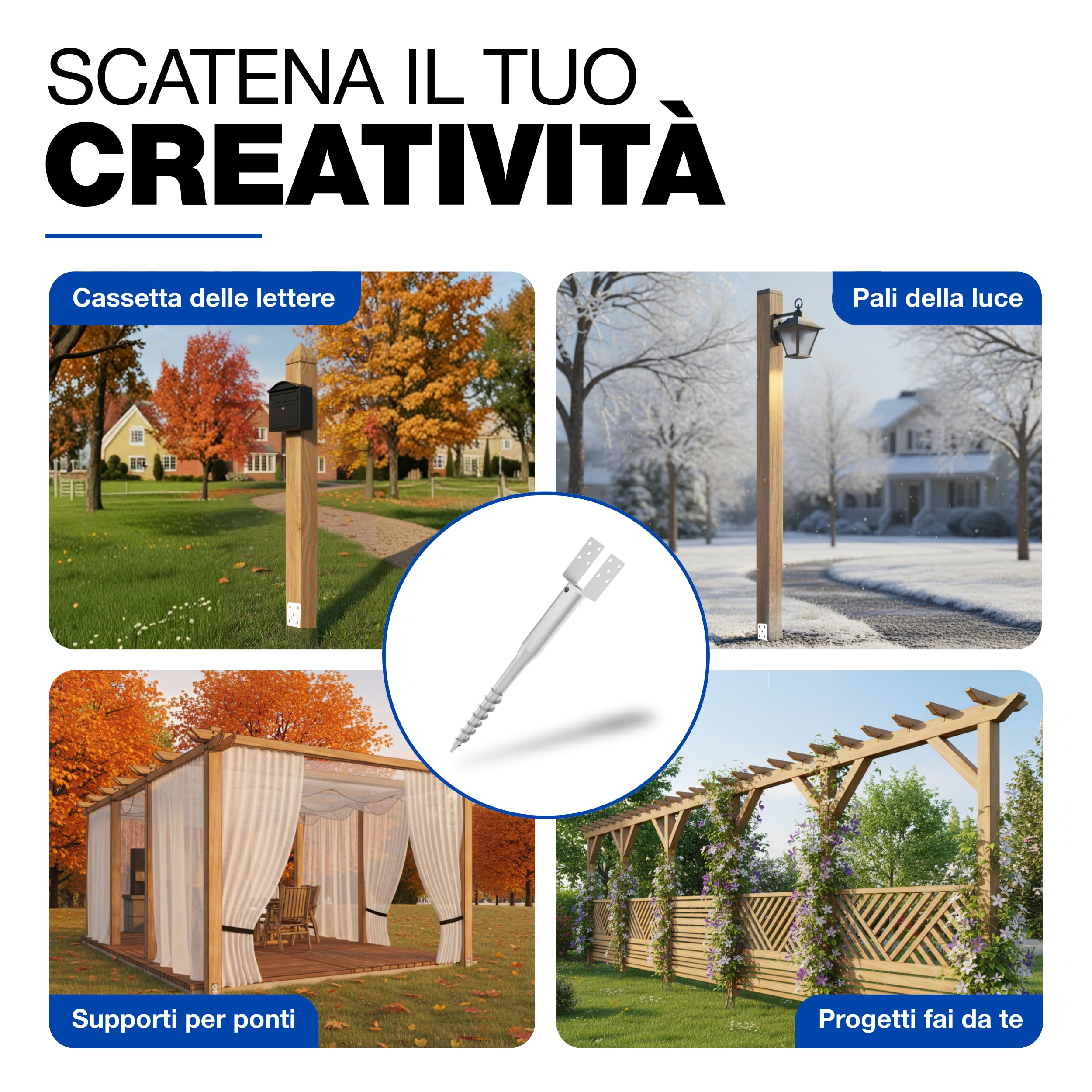 Staffa ad U con Perno a Spirale 96 x 865 mm Manicotti a Vite per Pali da Avvitare Ancoraggio da Terra