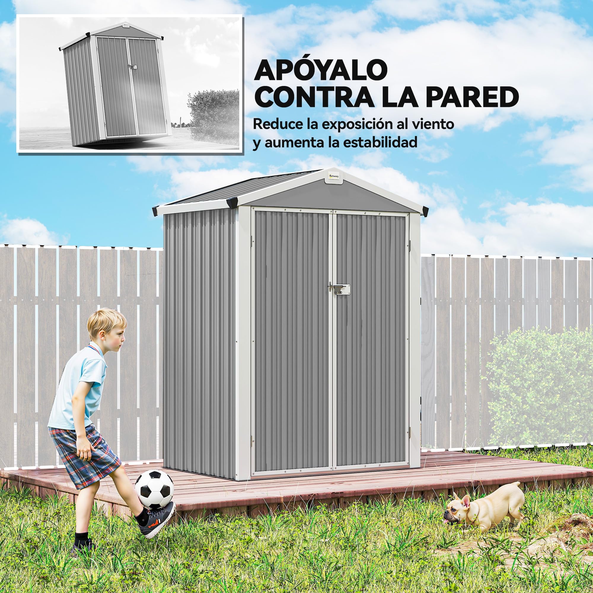 Outsunny Caseta de Jardín Exterior 1,1 m², 133x87x178 cm, Cobertizo Metálico con Puertas Abatibles Dobles, Techo a Dos Aguas y Guantes, Almacenaje de Herramientas y Bicicletas, Gris