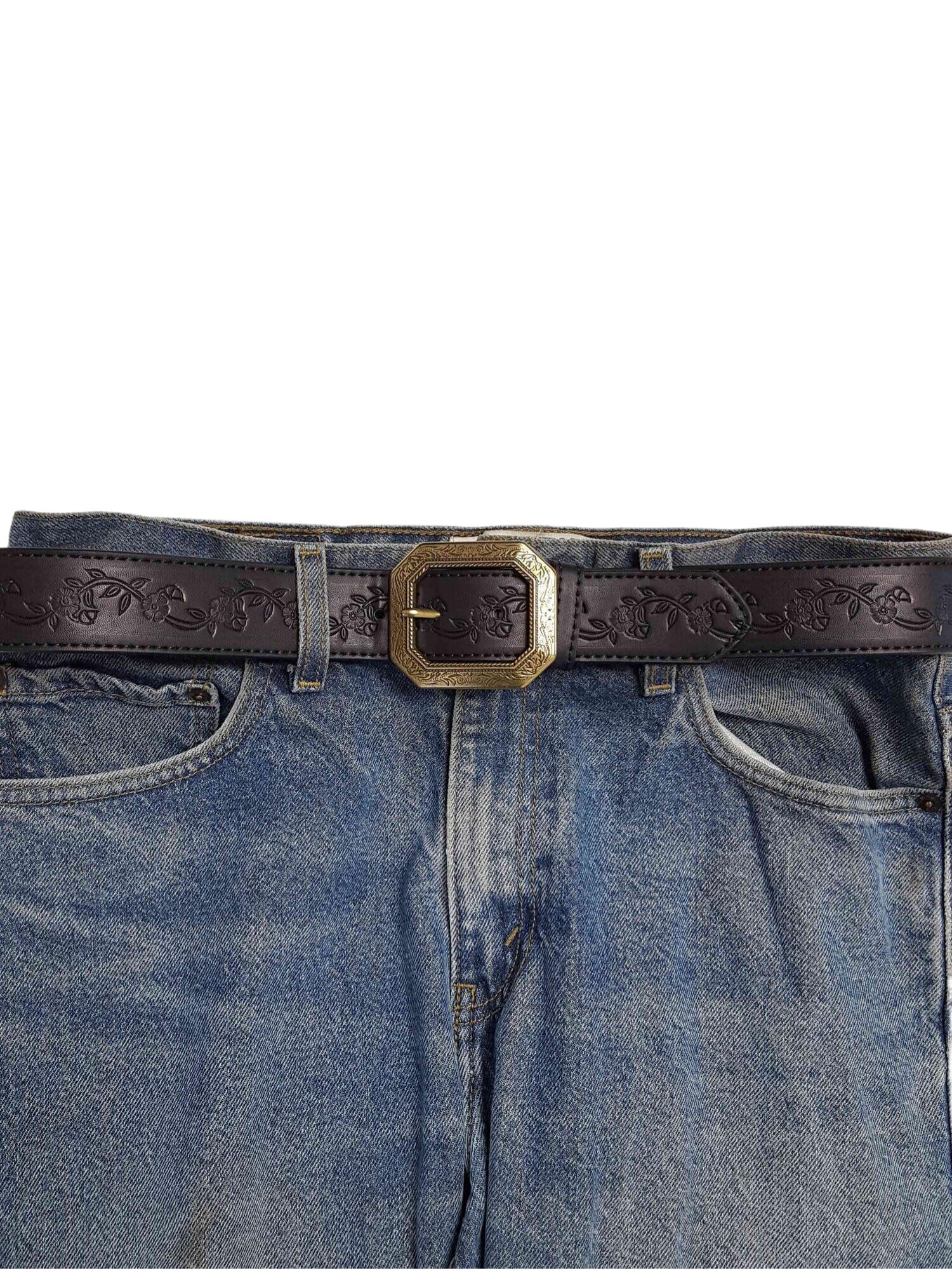 AXESORIA: Floral Embossed Belt with Western Brass Buckle Black S/M