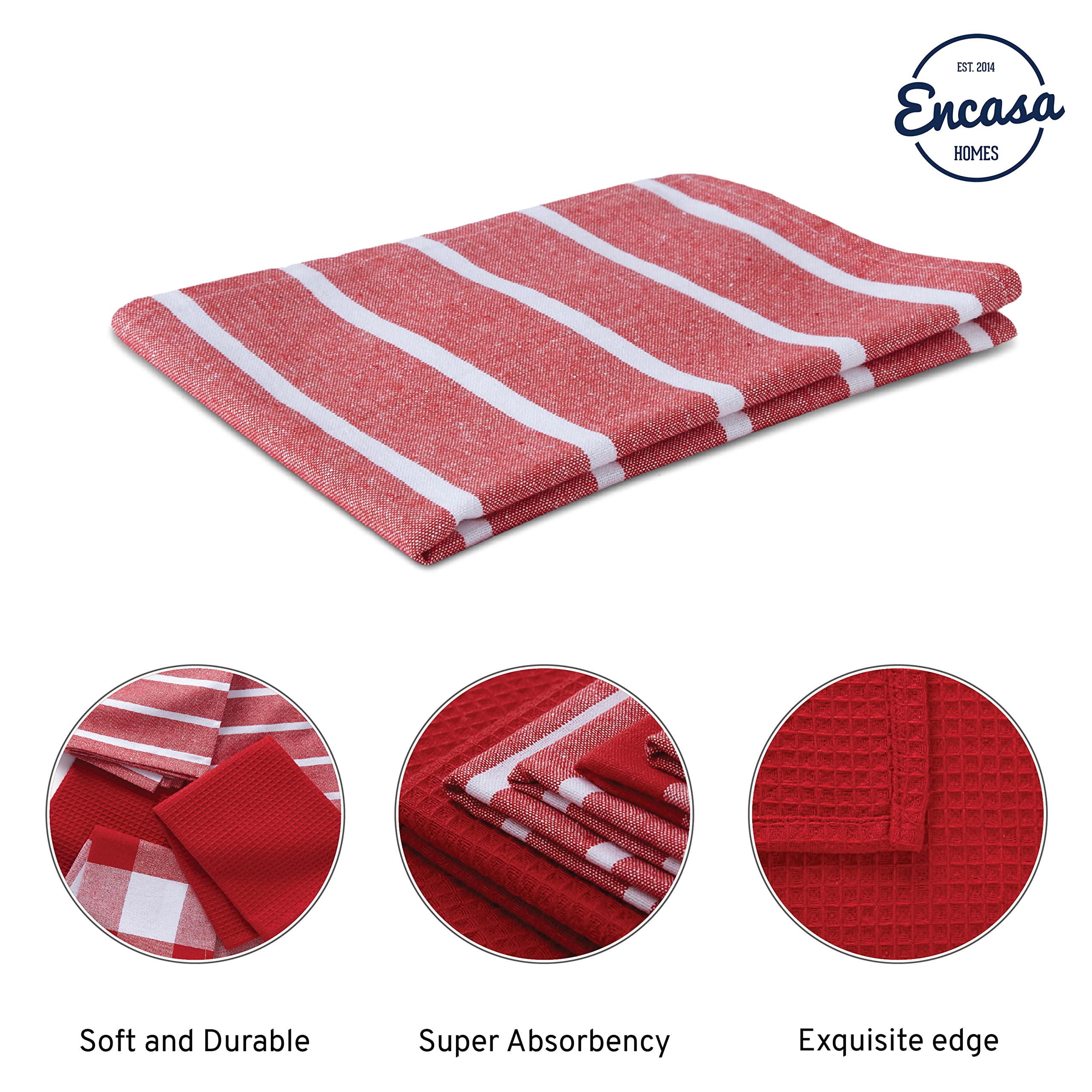 Encasa XO Asciugamani da cucina e salviette in cotone Rosso | Strofinaccio in waffle e tessuto piatto | Set strofinacci | 70x45 cm | Riutilizzabile e ad asciugatura rapida Set di 5