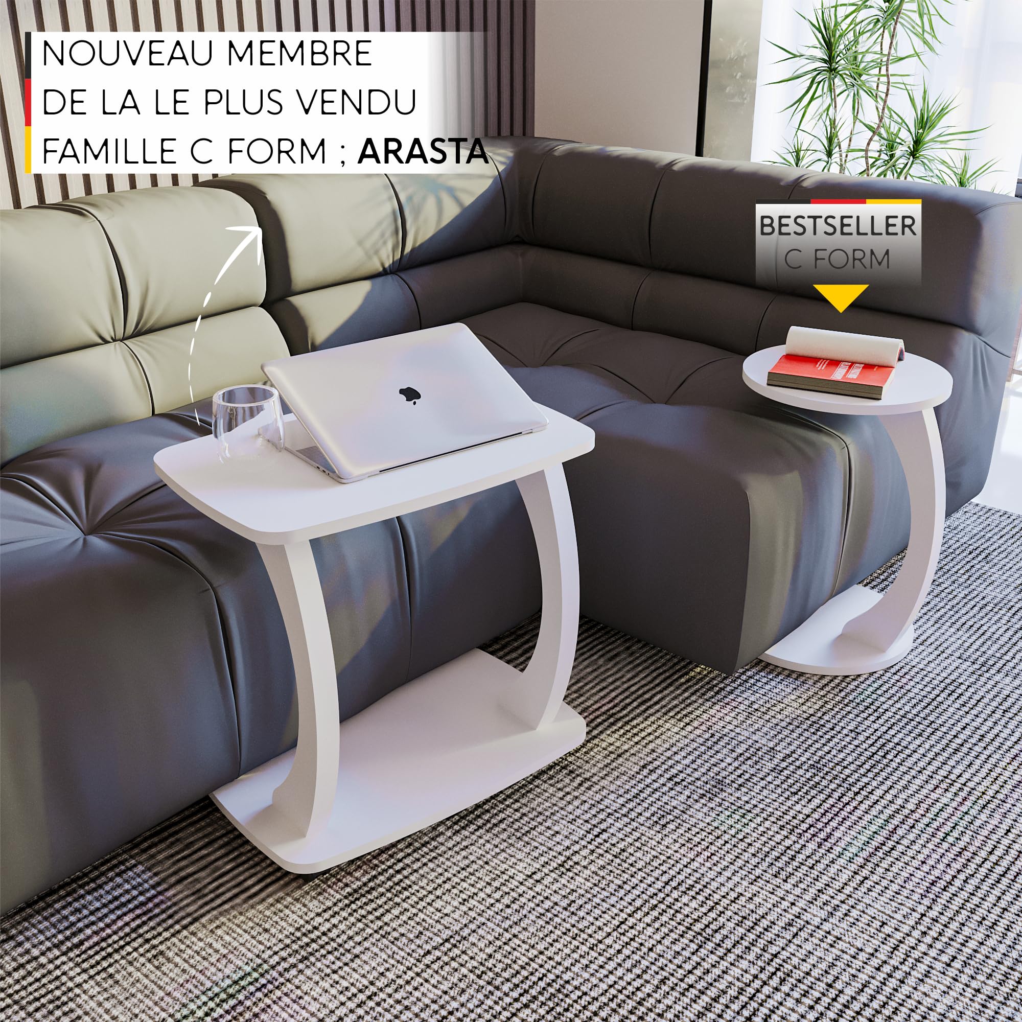 sugodesign Table d'appoint canapé à roulettes, Petit Table Basse Design pour Salon, Surface idéale pour PC et Boissons (Blanc)