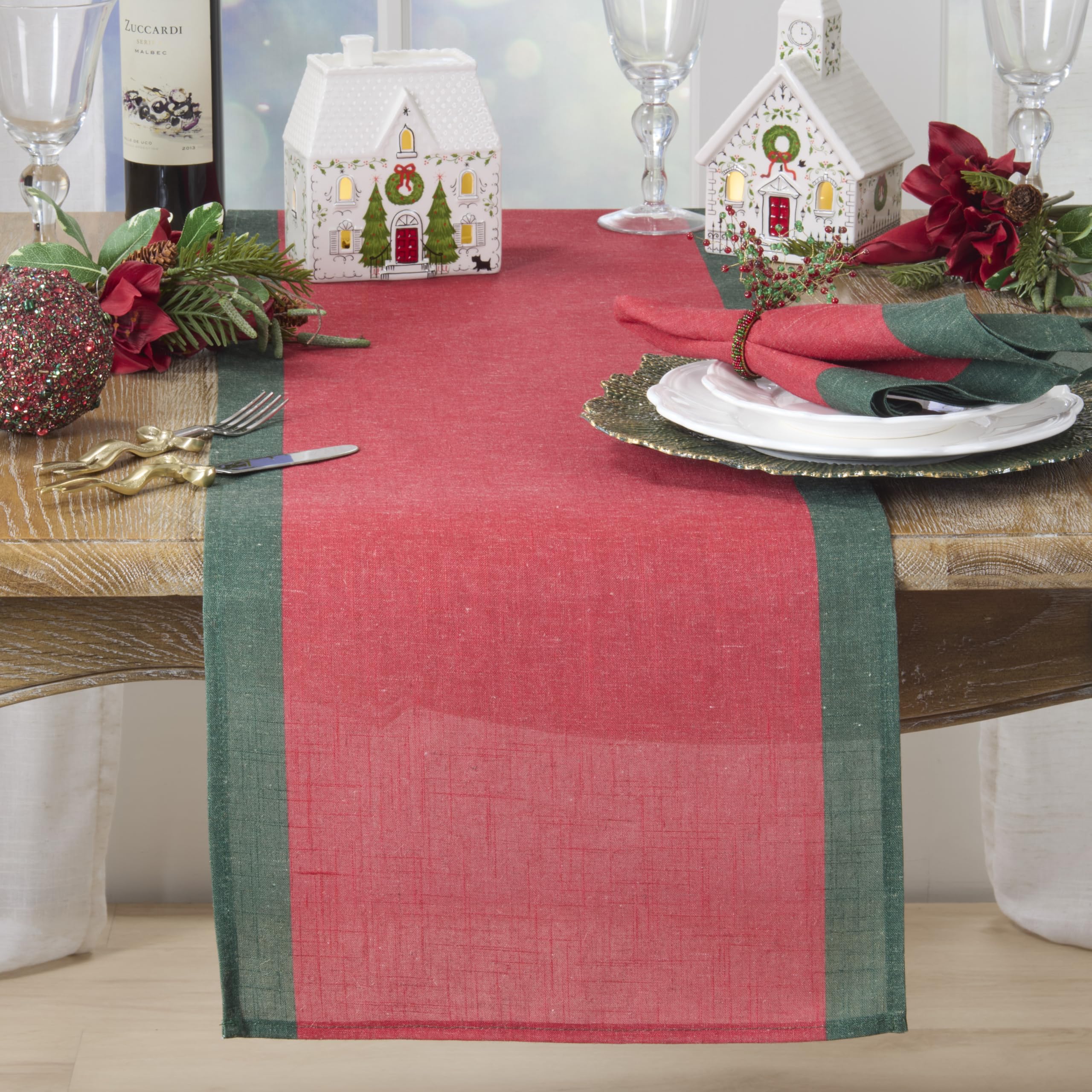 SARO Lifestyle Chemin de Table en Lin mélangé avec Bordure – pour Tables à Manger, Divertissement Quotidien, décoration de Cuisine et paysages de Table superposés (40,6 x 182,9 cm, Rouge)