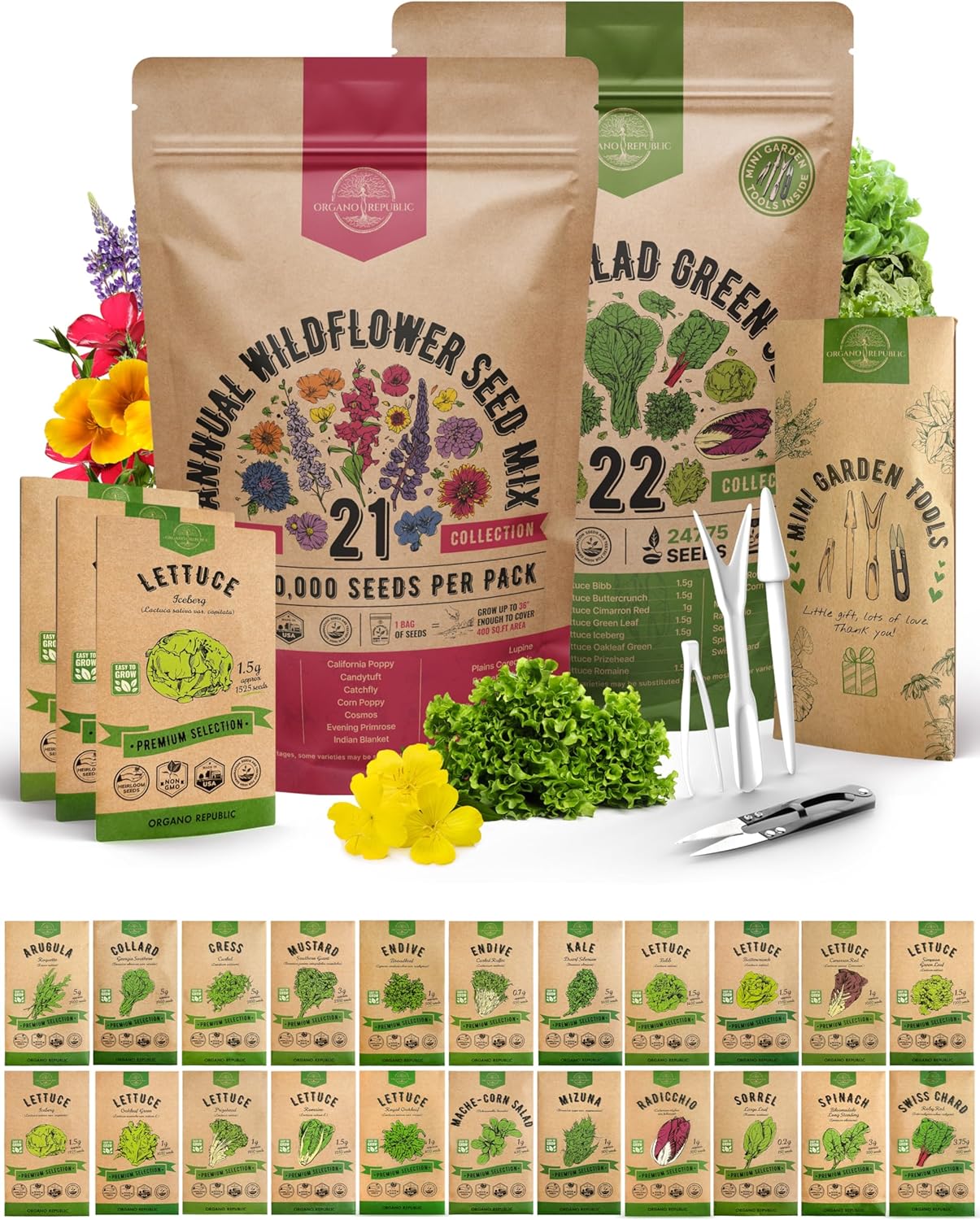 21 Annual Wildflower and 22 Lettuce & Greens Seeds Variety Pack Bundle, 124,700+ Non-GMO Heirloom Garden Seeds for Planting Lettuce and Flowers for Indoor & Outdoor Gardening