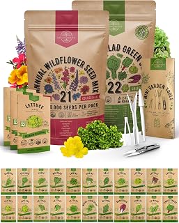 21 Annual Wildflower and 22 Lettuce & Greens Seeds Variety Pack Bundle, 124,700+ Non-GMO Heirloom Garden Seeds for Planting Lettuce and Flowers for Indoor & Outdoor Gardening
