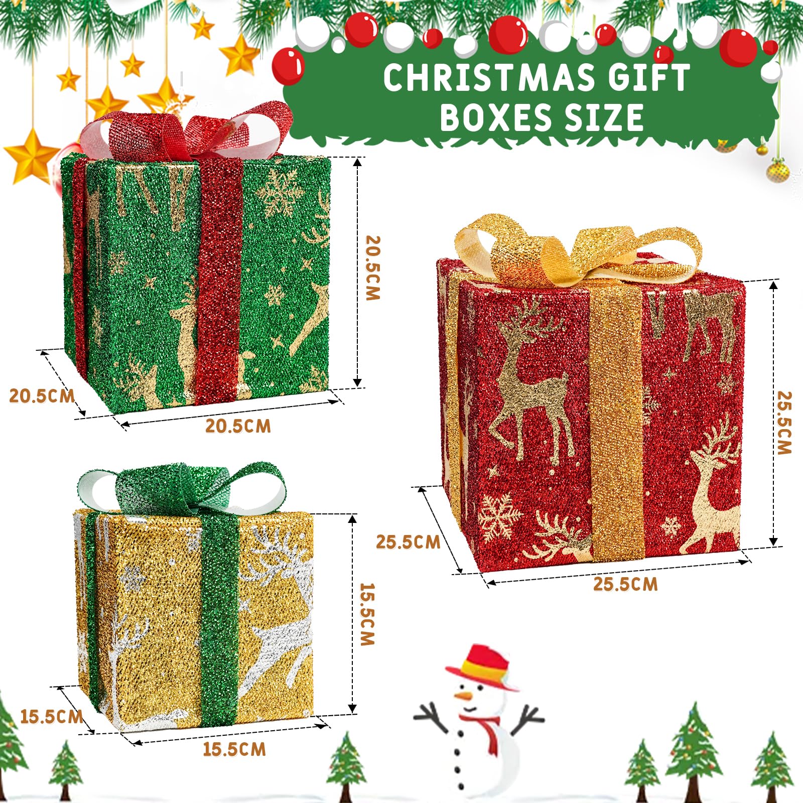 Robofun Boîte Cadeaux Lumineuse de Noël, Lot de 3 Boîte Cadeaux Lumineuse de Noël avec Noeud, Boîtes Cadeaux LED pour Decoration Noel, Intérieur et Extérieur-Rouge, Vert et Jaune