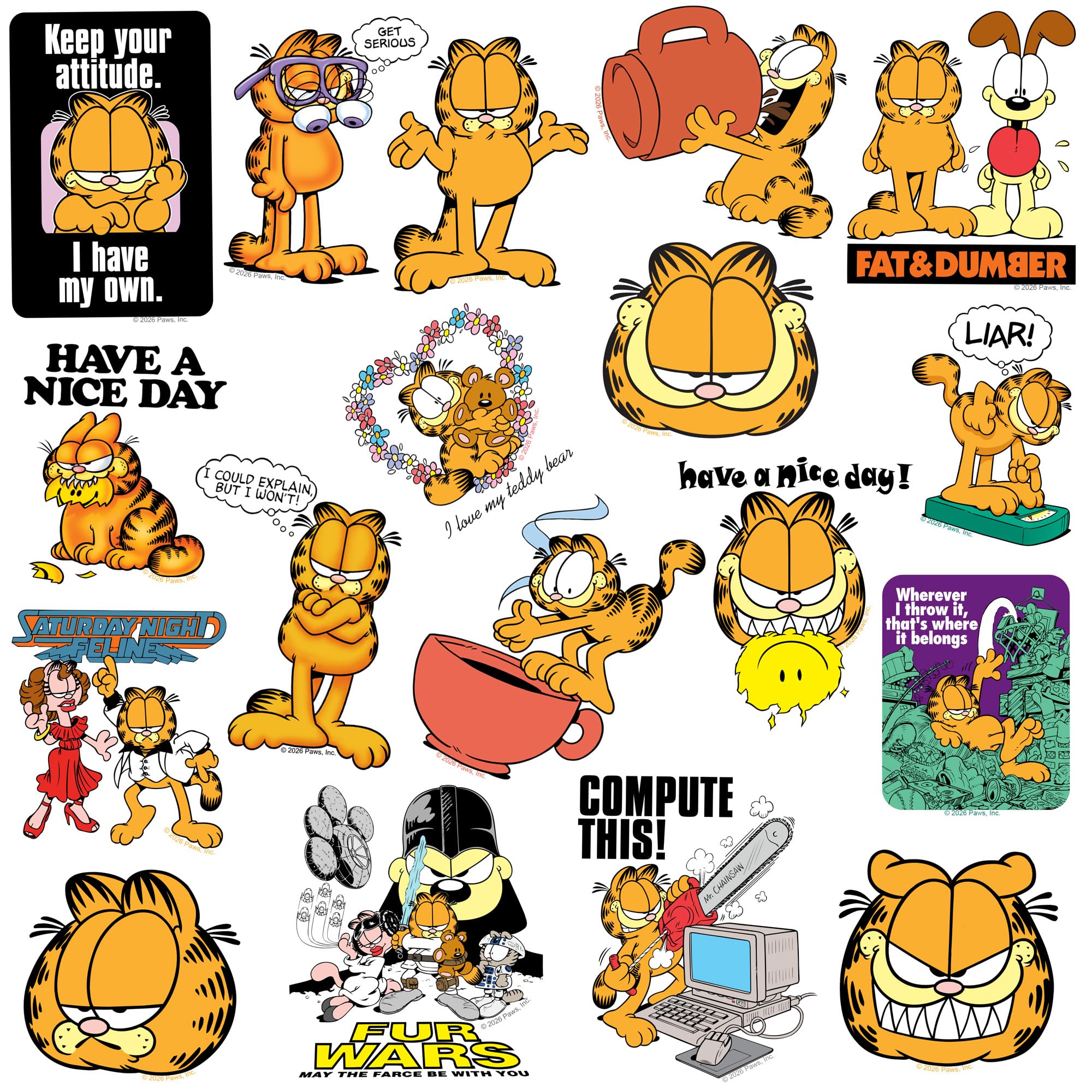 Garfield Cattitude Classics Vinyl-Aufkleber, 50 Stück, groß, Deluxe-Aufkleber, Sortimentspackung – Laptop, Wasserflasche, Scrapbooking, Tablet, Skateboard, Indoor/Outdoor