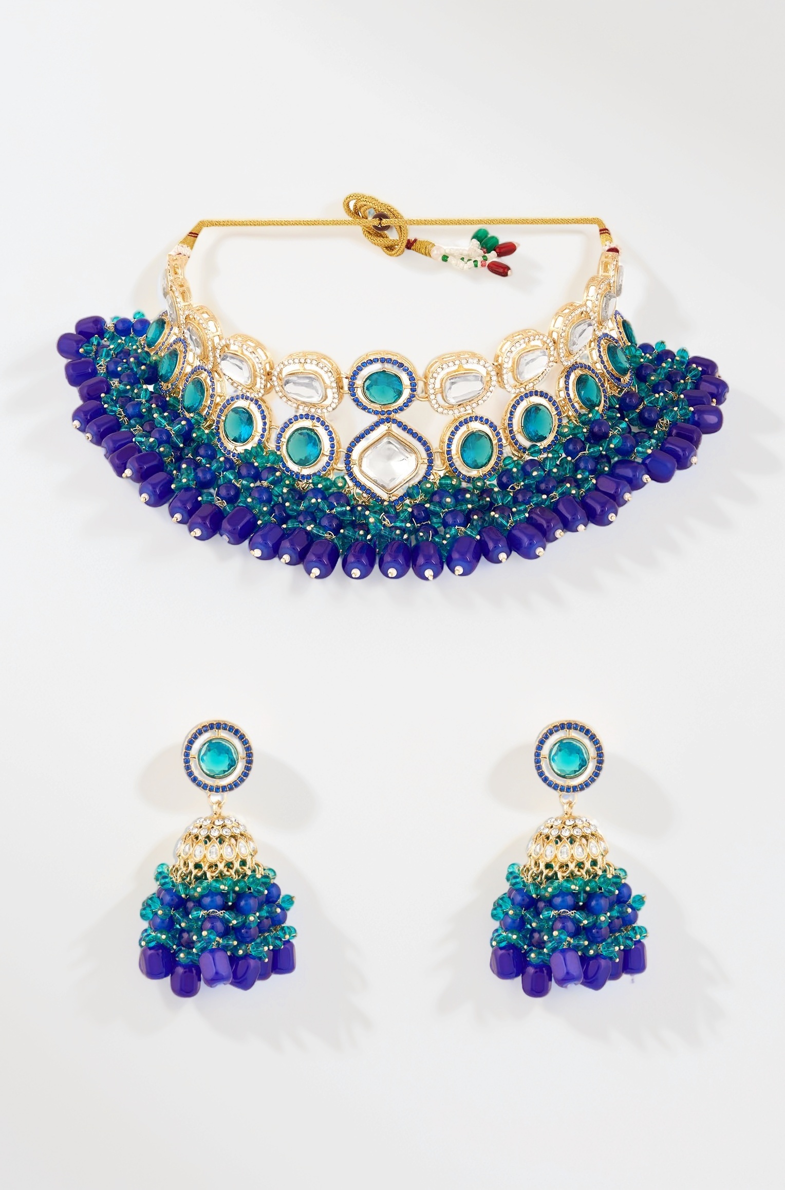 ZAVERI PEARLS Blue Green Stones Cluster Beads Diamonds Choker Necklace & Earring Set For Women-ZPFK18219