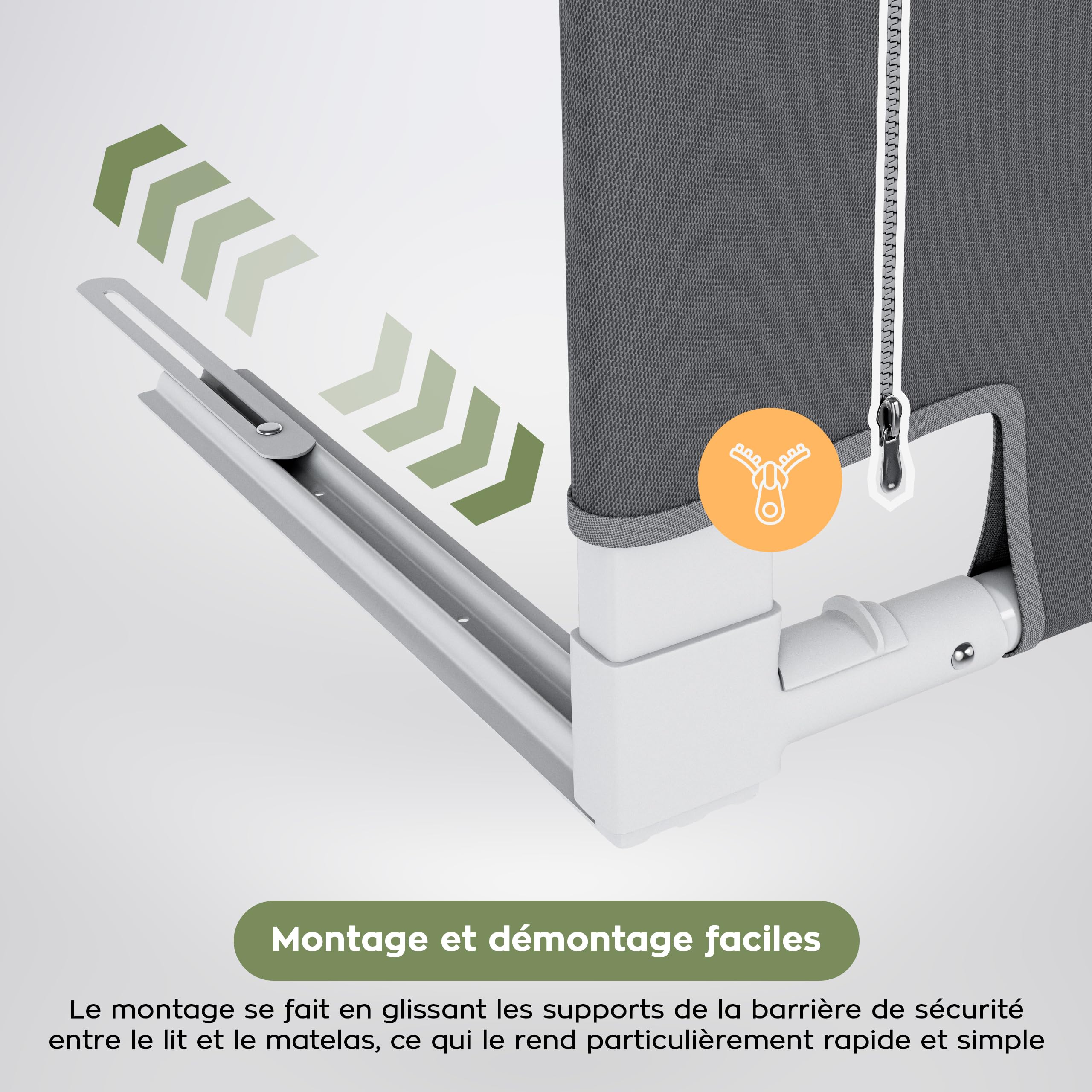 TULANO Cover 46 Barrière de lit Enfant 160 cm – Barrière de sécurité lit Rabattable – Réglable en Hauteur 18 Niveaux – Protection Contre Les Chutes Nocturnes – avec Poche latérale - Gris