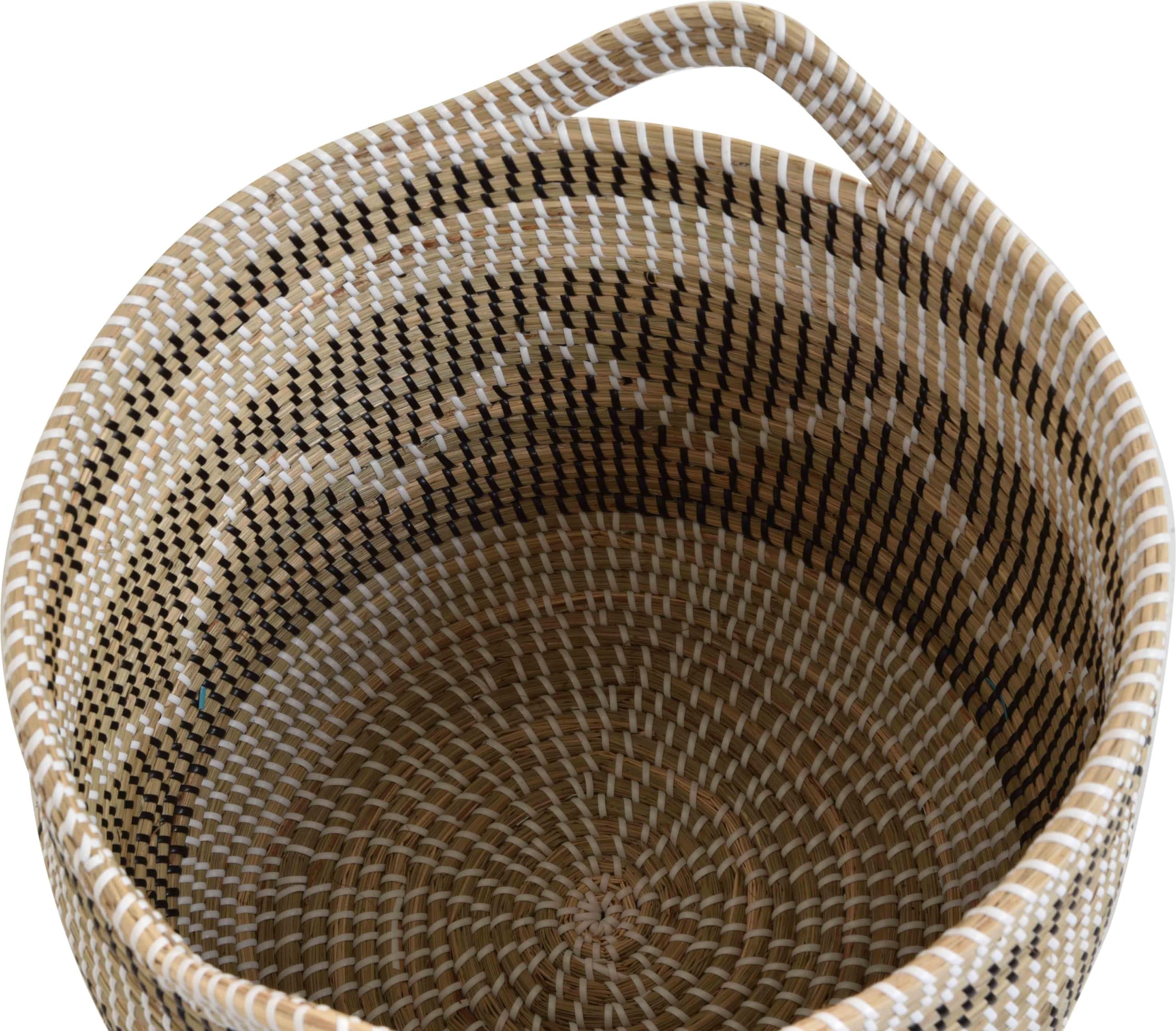 Runder Tragekorb Dekokorb Aufbewahrungs-Box Allzweck-Korb Natur Seegras mit bunten Wicklungen Flechtkorb (Natur Schwarz Weiss)