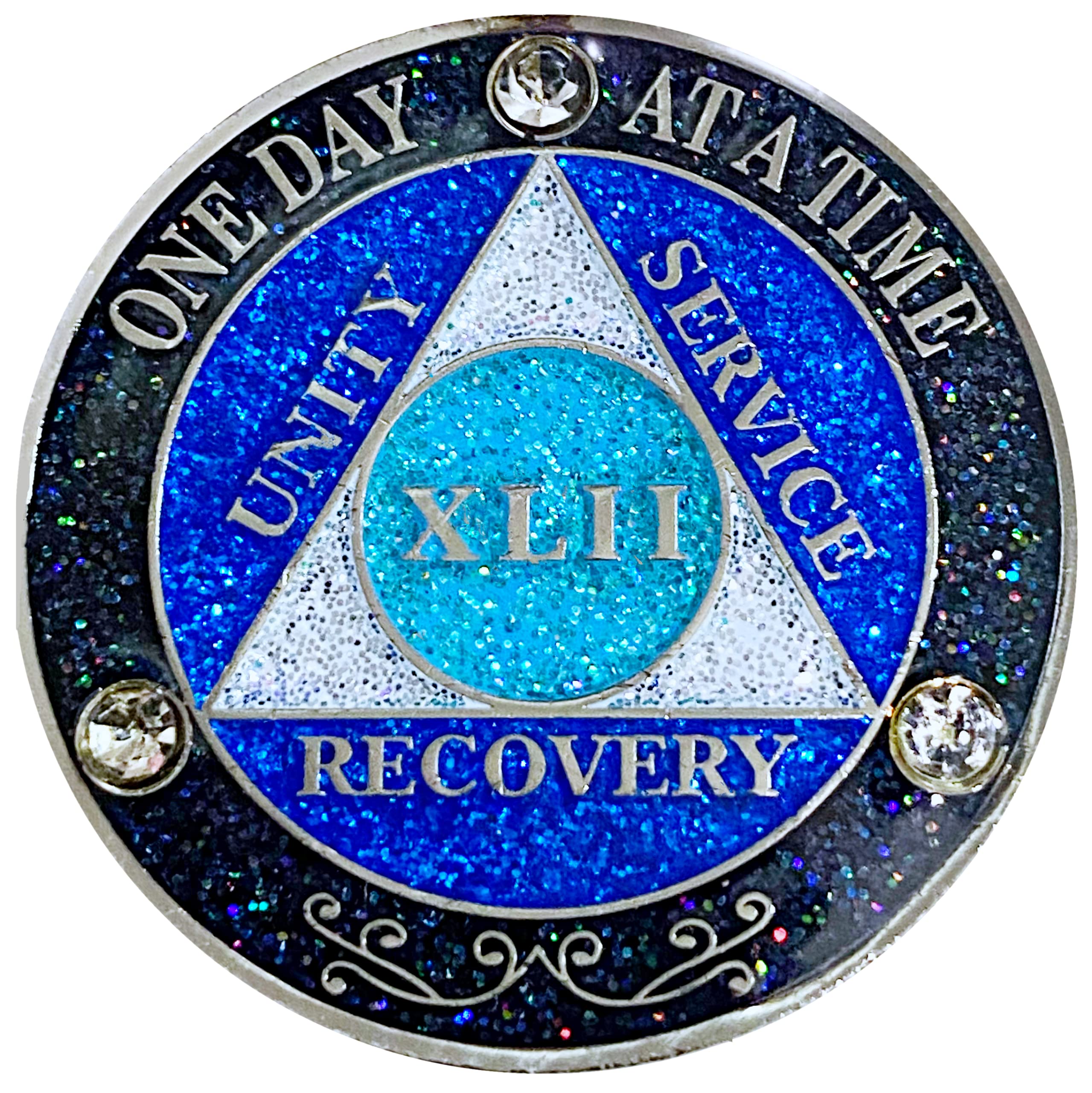 (Years 1-50) AA 42 Year Crystals & Glitter Medallion, Silver Color Plated, Black Rainbow, Blue Glitter and Three Clear Crystals, Epoxy Covered (AA 42