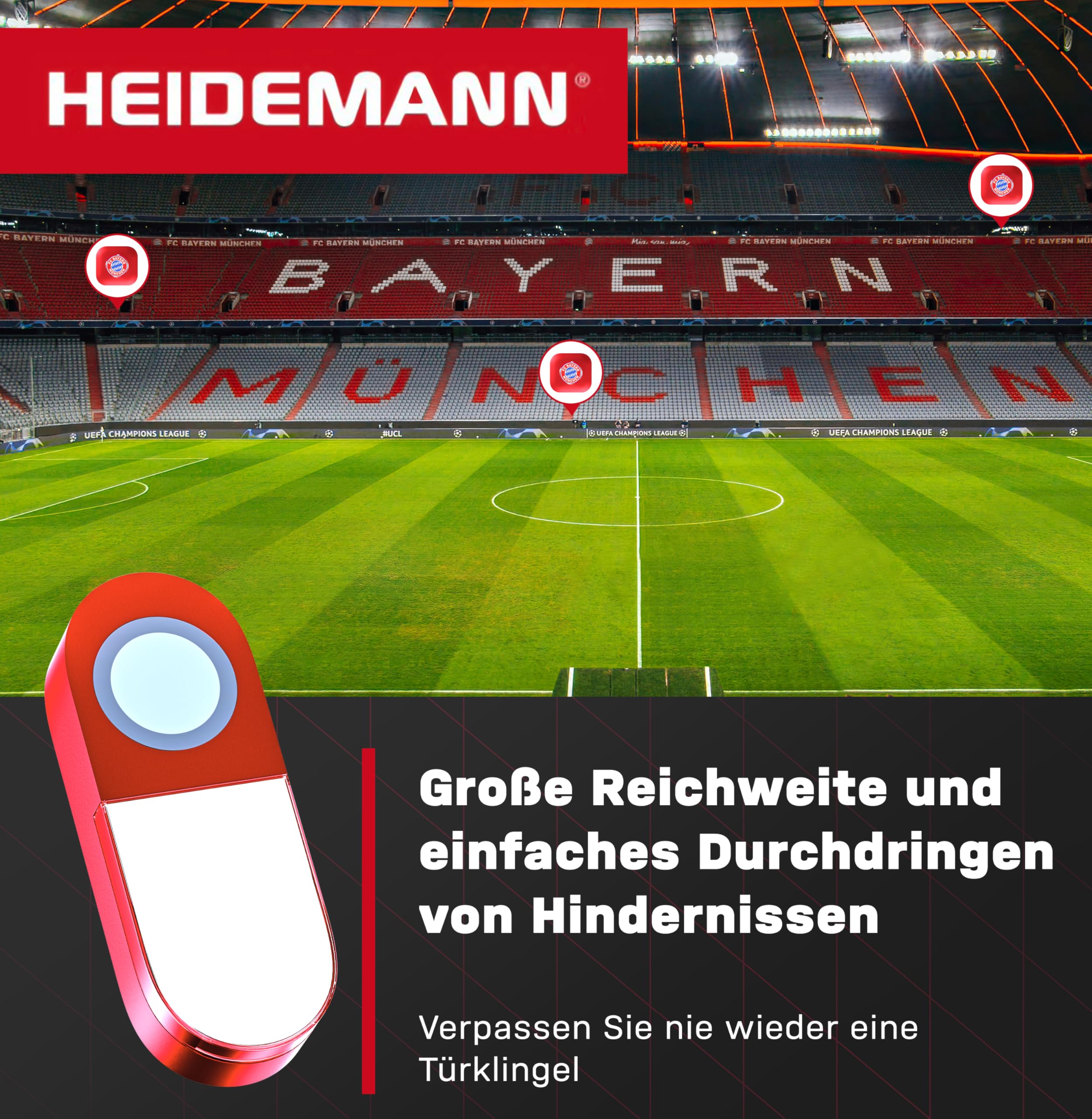 Heidemann Kit de carillon radio FC Bayern München, étoile du sud, FCB, jusqu'à 89 dB, résistant aux intempéries, avec piles, dimensions 135 x 80 x 95 mm, poids 300 g