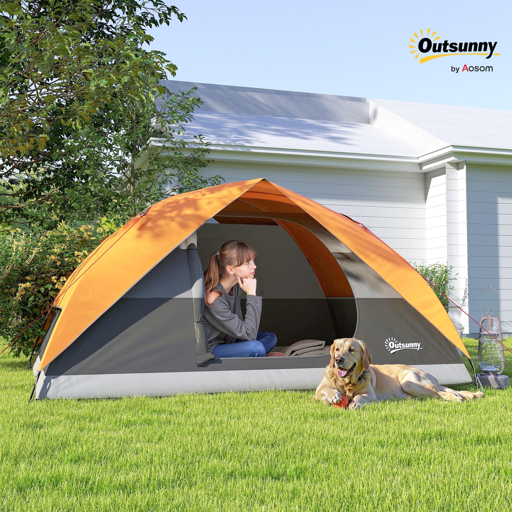 Outsunny Tenda da Campeggio Famigliare per 3 Persone, Tenda da Trekking a Cupola Impermeabile 3000mm con Porta di Ricarica, Tasche, Gancio per Lanterna e Borsa di Trasporto, Arancione e Grigio