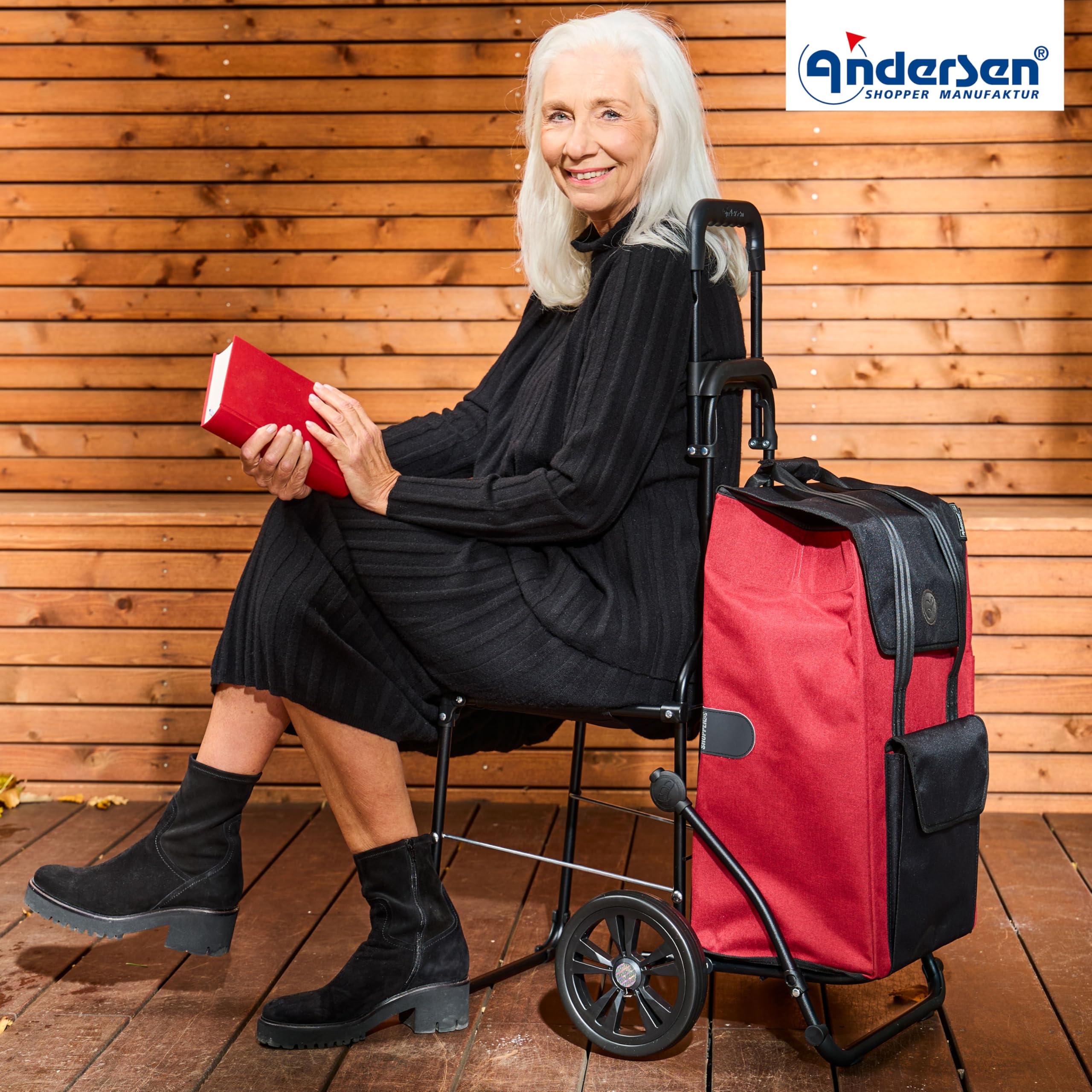 ANDERSEN Einkaufstrolley - Komfort Shopper Senta 2.0 rot | mit Sitz, klappbar, aus Stahl, bis 50 kg - Tasche mit Kordelzug, Fronttasche, Reflektoren, 49 L