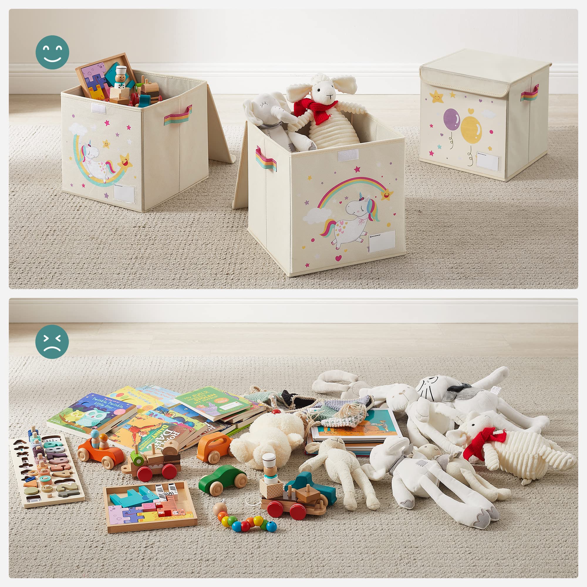 SONGMICS Juego de 3 Cajas de Almacenamiento de Niños con Tapa, Organizador de Juguetes, 30 x 30 x 30 cm, Cubos Plegables, para Dormitorio, Cuarto de Juegos, Patrones de Unicornio, Beige RFB710W03
