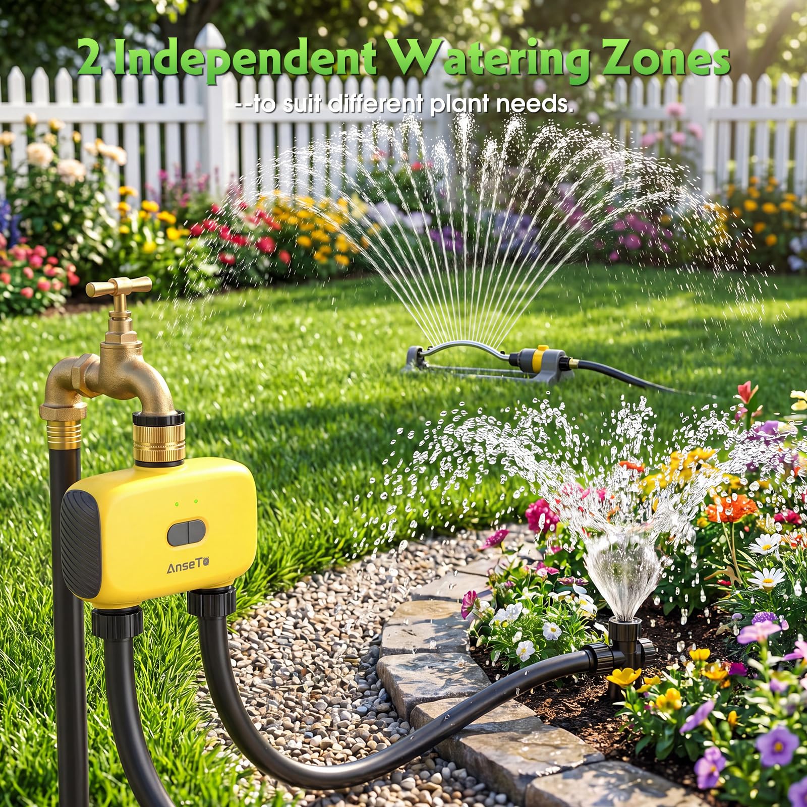 Programador Riego WiFi para Jardines,Terrazas,Césped y Zonas Exteriores,Entrada de Latón Sistema de Riego Automático con 2 Salidas,Concentrador WiFi y Función de Control Remoto