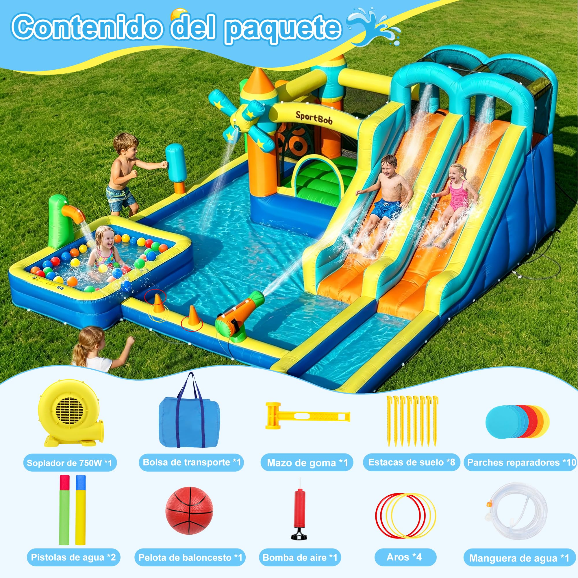 Castillo hinchable con doble tobogán, soplador, piscina infantil, zona de salto y pared de escalada, ideal para uso en interiores y exteriores, reuniones familiares y ocasiones de cumpleaños