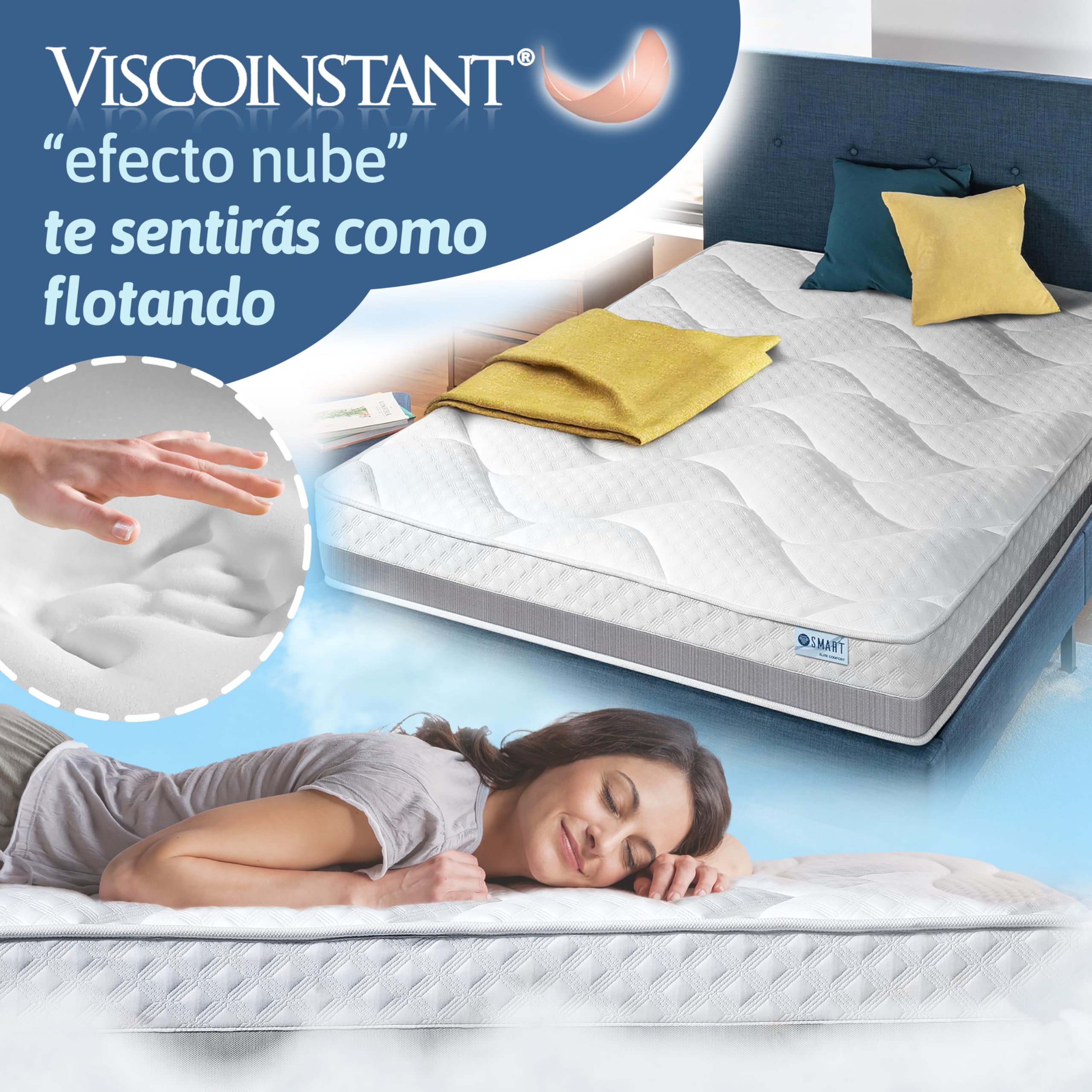 Colchón ELITE SMART. VISCOINSTANT® “EFECTO NUBE”, libertad de movimientos, temperatura y acogida perfectos. Confortable NÚCLEO FLEXIBLE FIRMEZA MEDIA-ALTA. Disponible en todas las medidas