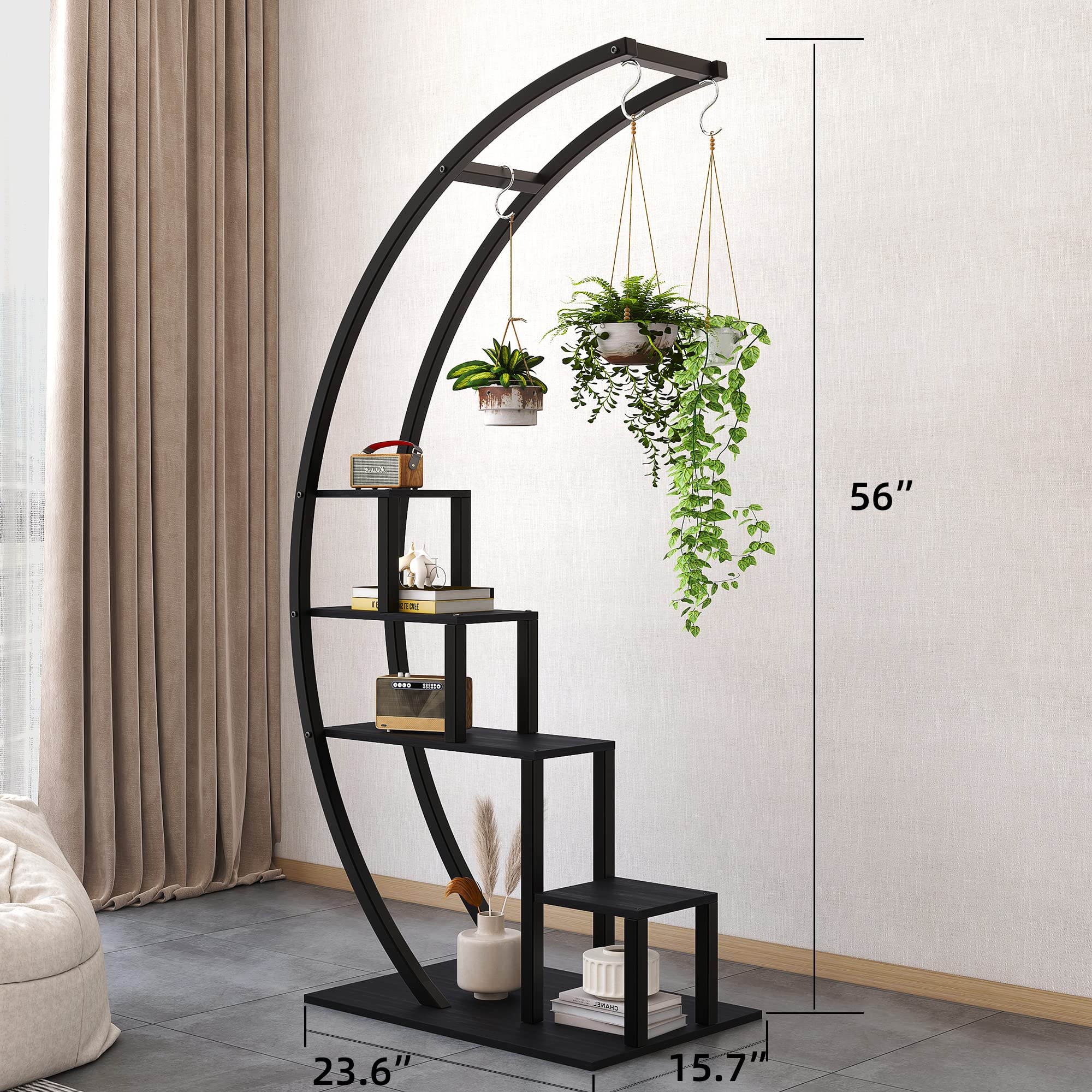 GarveeHome Étagère à plantes demi-lune 5 niveaux, lot de 2, métal noir – Support vertical moderne avec crochets pour pots suspendus –Organisation pour salon, balcon, jardin, terrasse – noir
