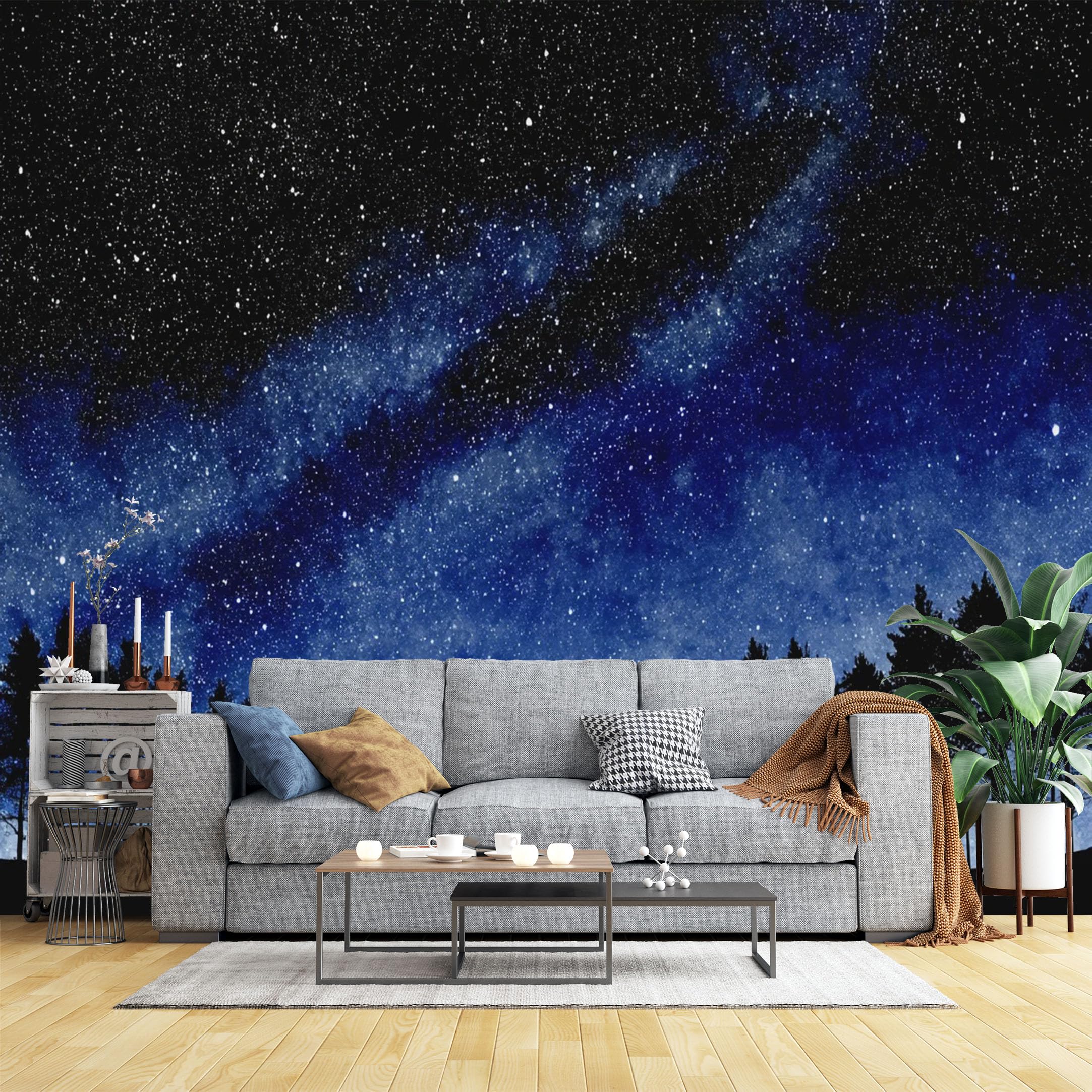 Custom Size Wall Murals Starry Night Forest Silhouette Wall Murals Moody Night Sky Wallpaper, Wall Stickers Self-Adhesive Removable Wallpaper for Bedroom