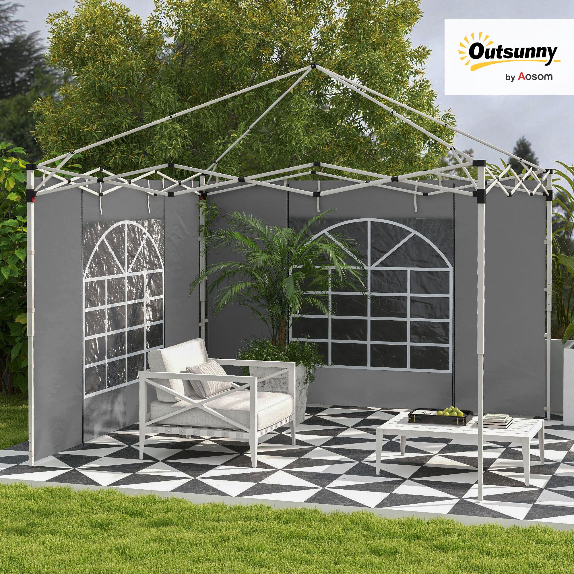 Outsunny 2 Paredes Laterales para Carpas de 3 x 3/3 x 6 m, 300x200 cm, Paredes Laterales de Repuesto para Cenador de Tela Oxford con Ventana Enrollable y Puerta con Cremallera, para Fiestas, Gris