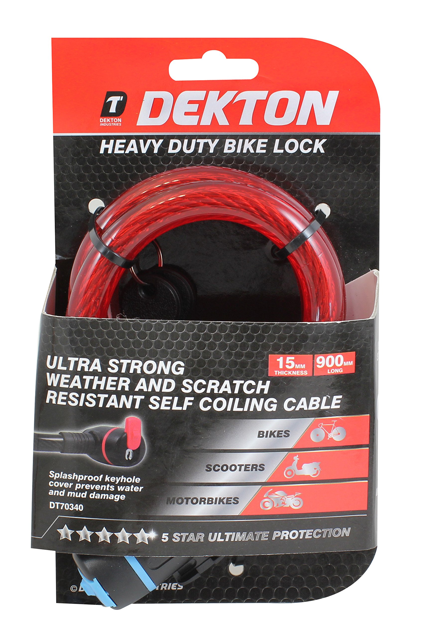 Dekton 15MM x 900MM Bike Lock, Black/Red, 900 mm