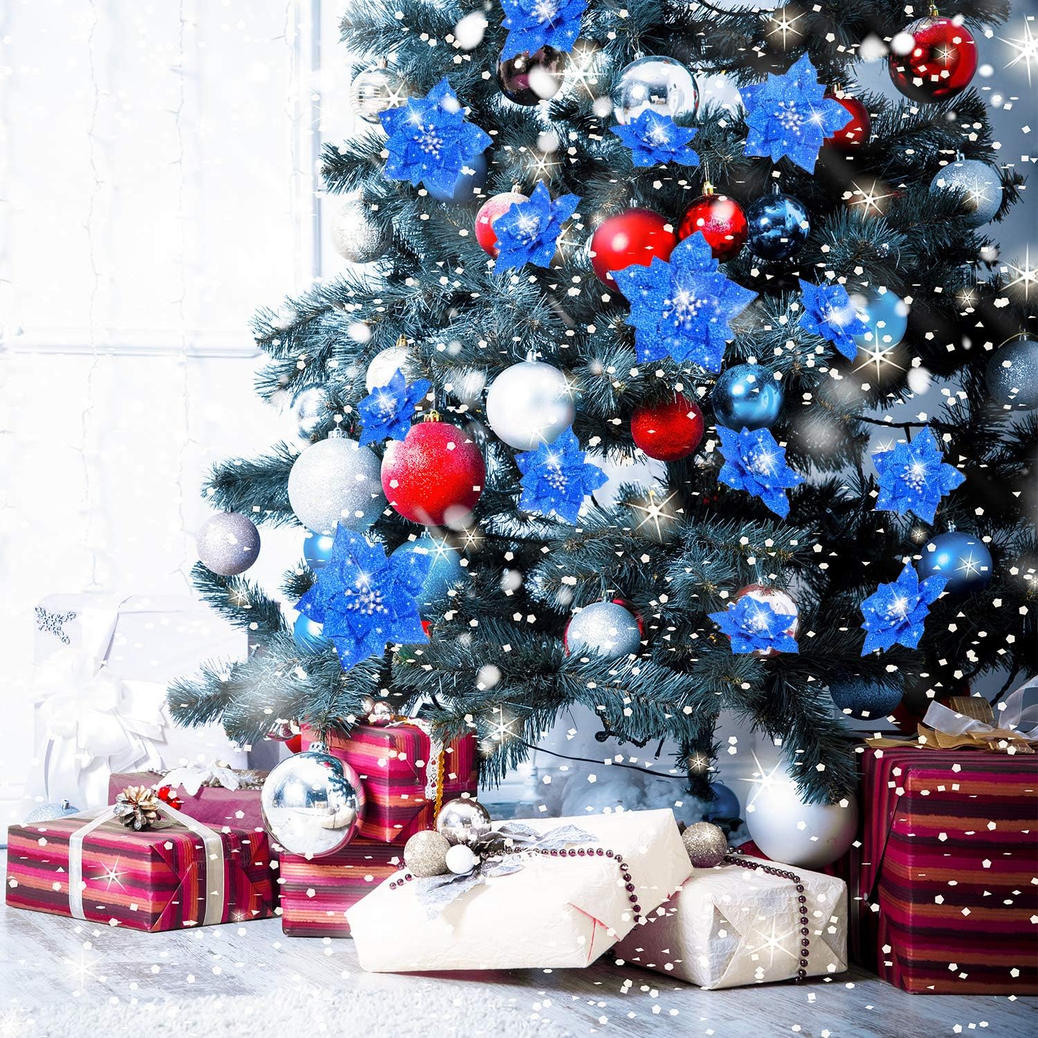 Kék poinsettia dekoráció részletei