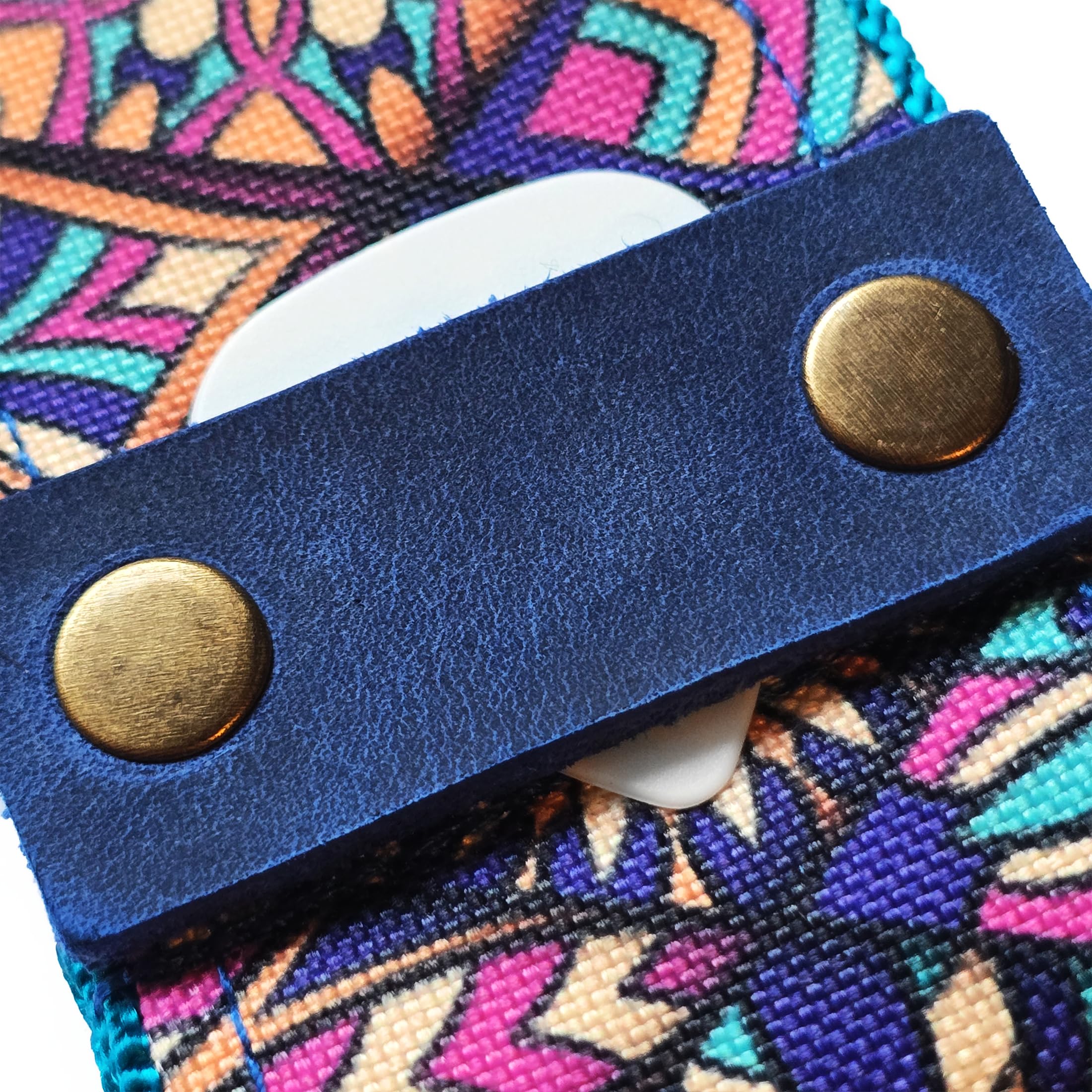BigBo Blau & Türkis Gitarrengurt Orientalischer Gurt mit Plektrumhalter Vintage Gitarrengurt Geometrisches Design Natutal Leder Enden