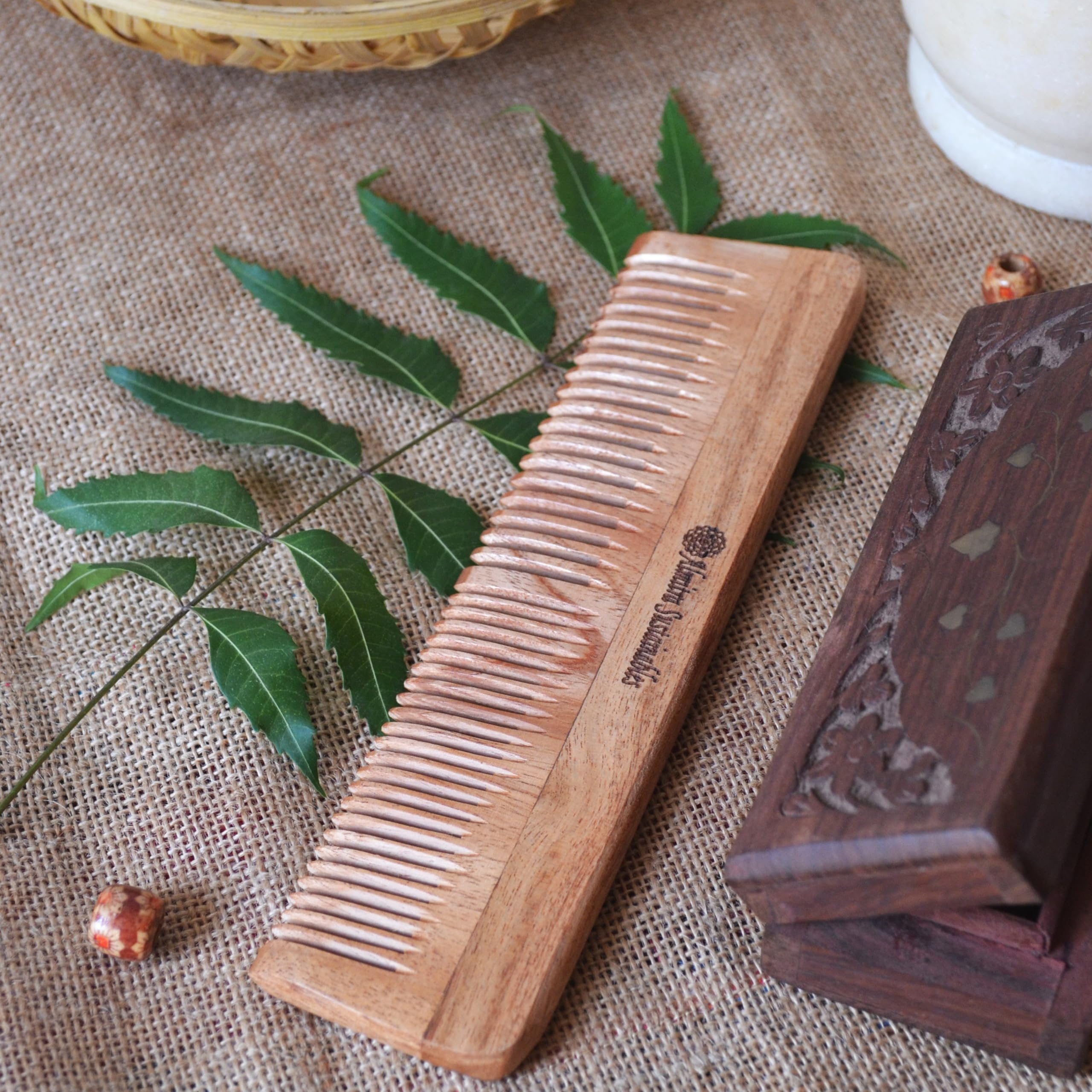 Almitra Sustainables wooden Neem Comb Pack of 2 Small & Large. Haircare, - Image 3 thumbnail