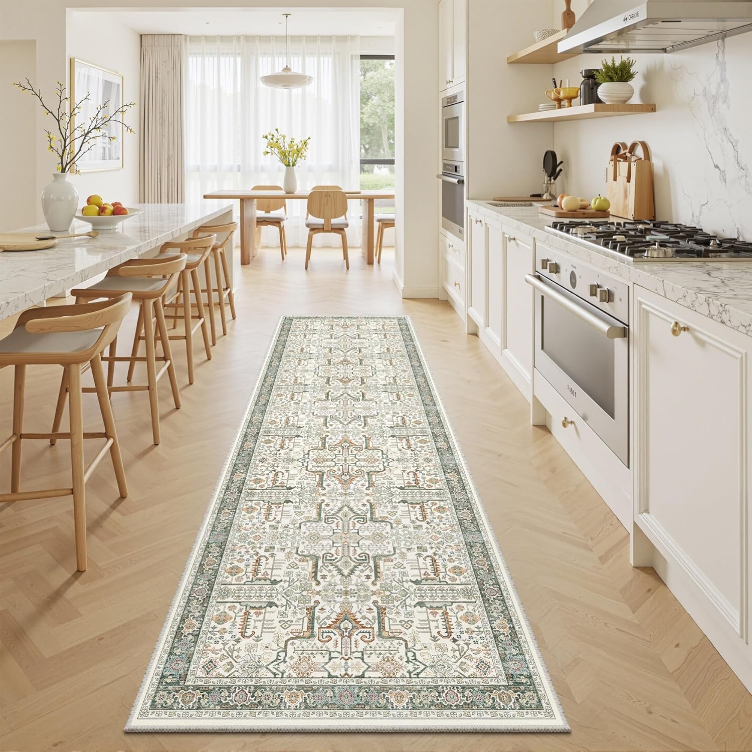 Washable 2x8 Runner Rug - Non Slip Vintage Kitchen Runner Rugs Low-Pile Distressed Long Rugs for Hallway Waterproof Indoor Carpet for Living Room Bedroom Entryway 2'x8' Green