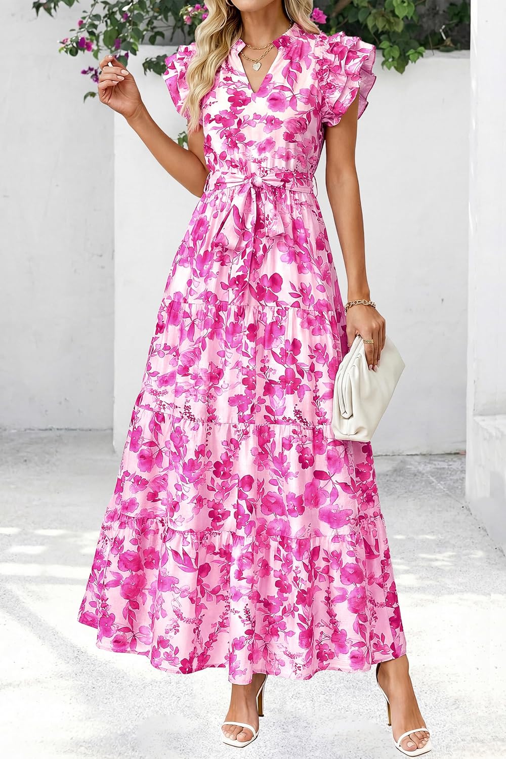 dowerme Women Summer Maxi Dresses 2026 Ruffle Sleeve V Neck Floral Boho Long Dress Belted Tiered Sundress with Pockets