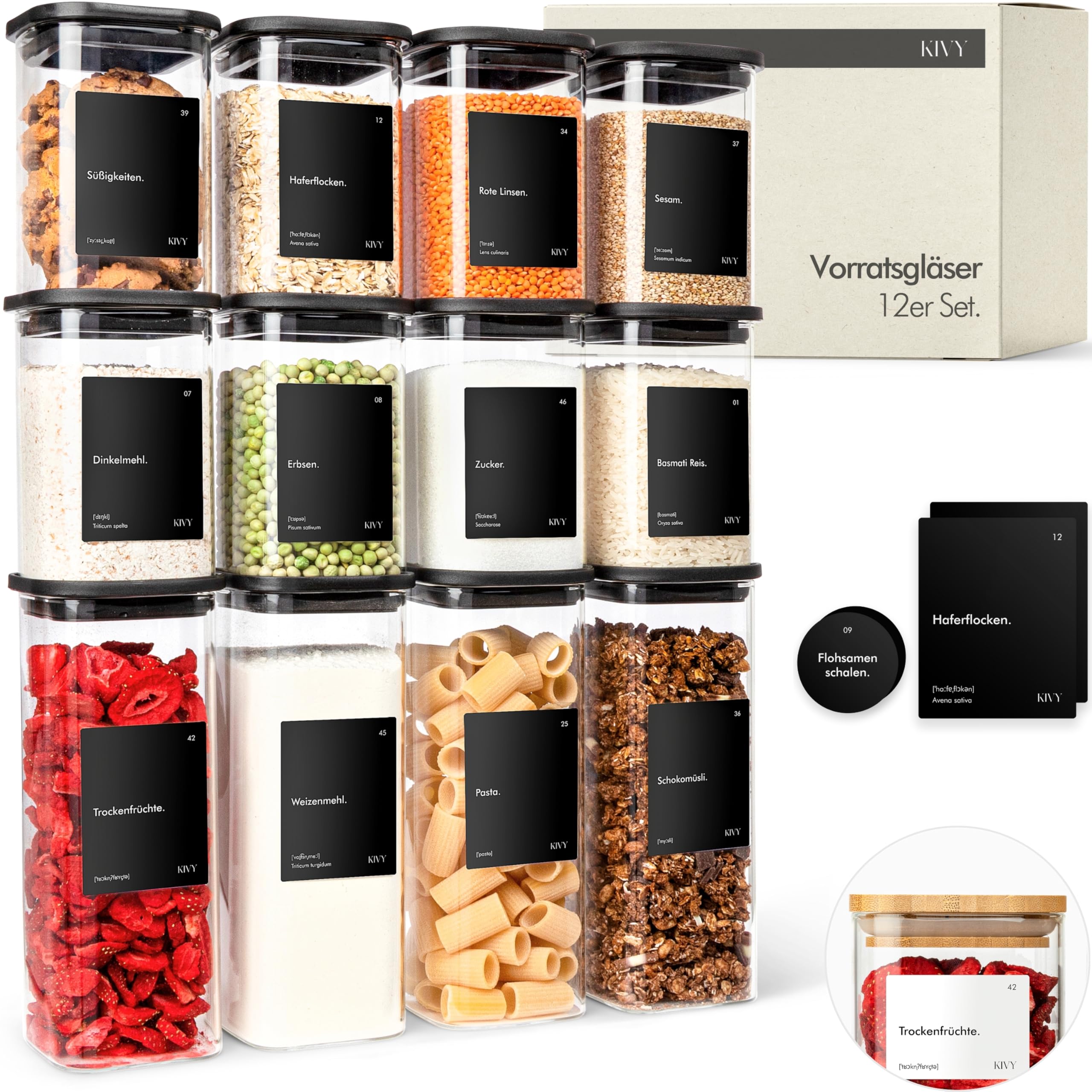 KIVY Square Storage Jars [Set of 12] - Minimalist Airtight & Stackable Glass Jars with Lid