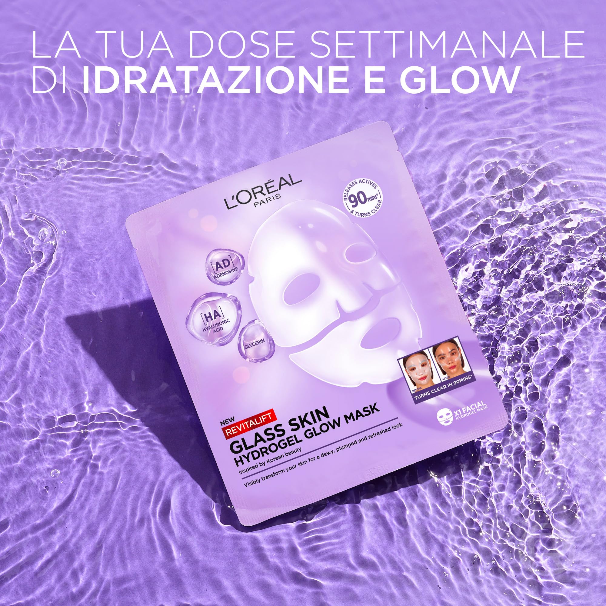 L'Oréal Paris Glass Skin Maschera in Idrogel, Per Tutti i Tipi di Pelle, Pelle Luminosa e Radiosa, Risultati Istantanei, Trend Coreana, Con Acido Ialuronico e Centella Asiatica, Revitalift, 1x37gr