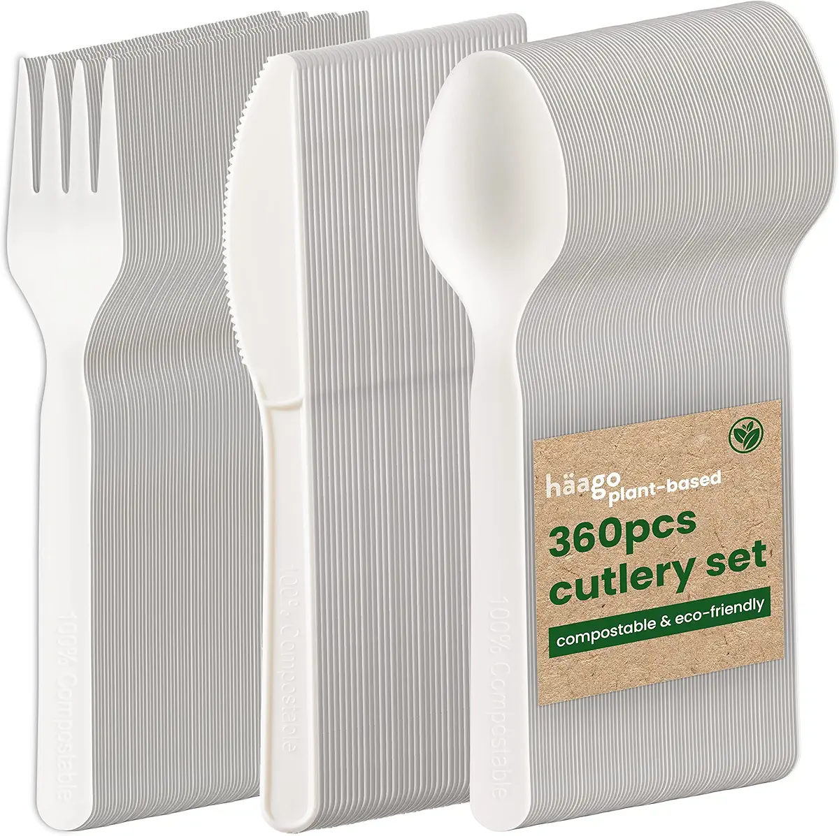 HAAGO - 7&#34; Inch Eco-friendly Heavy Duty Compostable Cutlery Set of 360 (120 Forks 120 Spoons 120 Knives), Biodegradable Utensils Flatware, Disposable &amp; Reusable for Outdoor Wedding Parties
