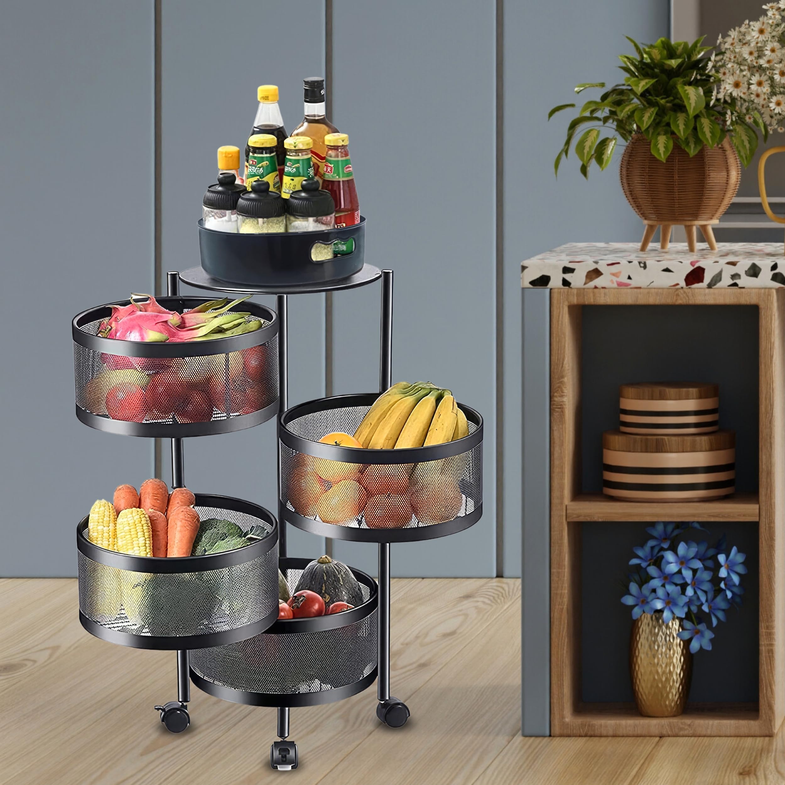 KWER Metal Round Kitchen Rotating Trolley Portable Storage Rack Round Design Fruits&Vegetable Onion,Spice,Jars Container Basket Organizer Holder Stand Kitchen-Black (4 Layer Round Black) (B0CD3TFQFX) Amazon Price History, Amazon Price Tracker