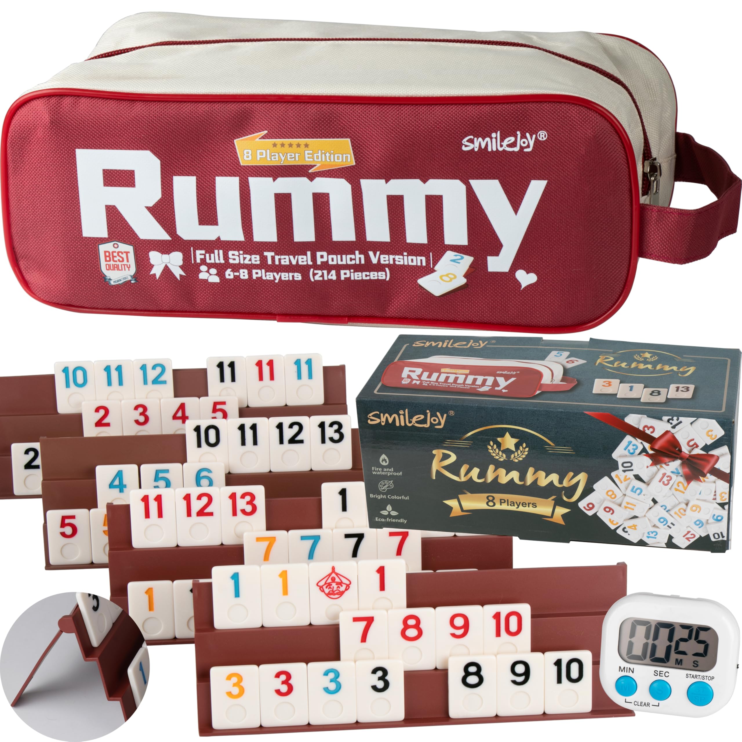Smilejoy Rummy Cube 8 Players Edition, Full Size Travel Rummy Game Set with Travel Portable Canvas Bag,Classic Board Game for Adults and Kids |214 Tiles | 8 Playing Racks |1 Timing | (6-8 Player)