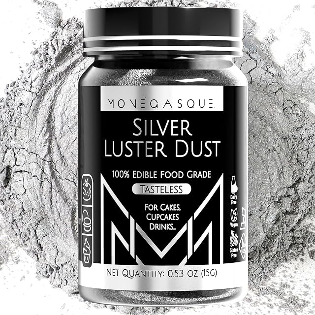 MONÉGASQUE Silver Lustre Dust Edible Glitter for Drinks 15g  Silver Edible Glitter for Cakes & Drink Glitter  No Gluten or Dairy  Easter Cake Decorations & Edible Glitter Spray for Cake Decorating
