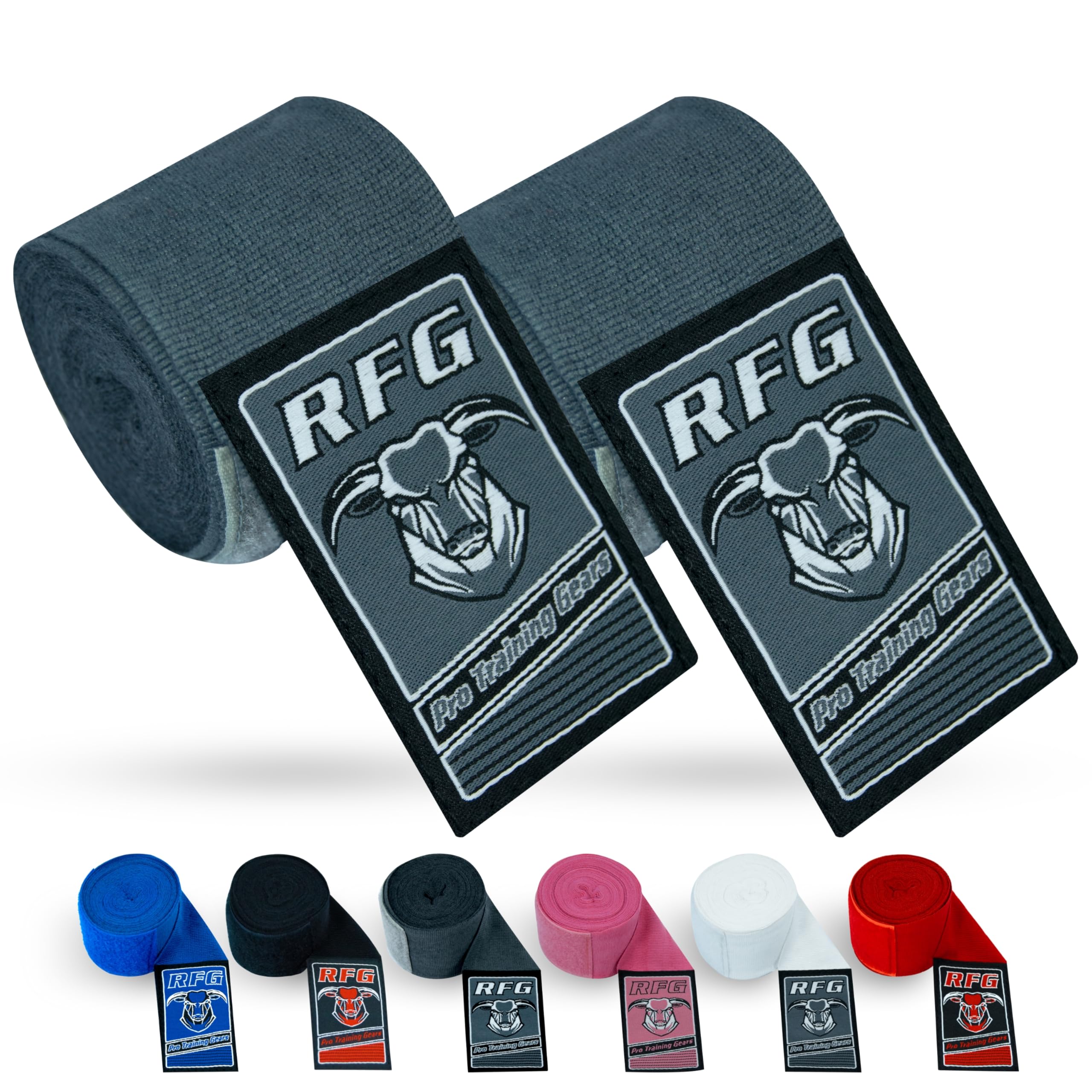 RFG Gears Boxing Hand Wraps, 2.5m, 3.5m & 4.5m Elastic Thumb Loop Bandages, Wrist Protection, Muay Thai MMA Kickboxing Training (Grey, 3.5 Meters)