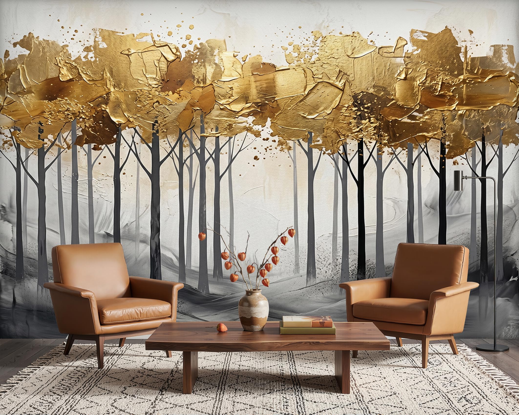 PaxGloz Abstract Tree Wallpaper, Grey and Gold Modern Oil Painting Wall Mural for Living Room & Bedroom, Non-Woven Decorative Wall Art 500x280 cm โ image 1