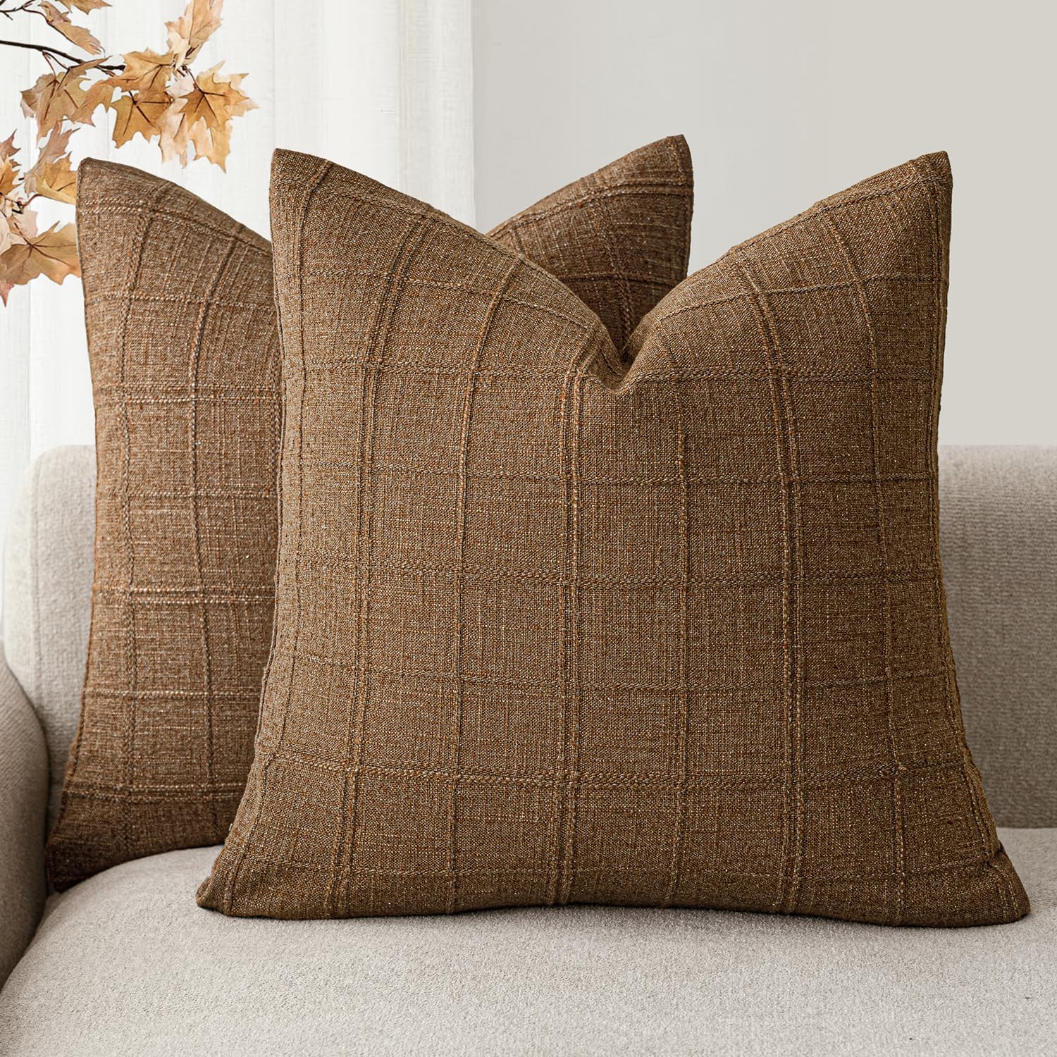 Foindtower Boho Linen Check Decorative Throw Pillow Cover 22×22 Brown Hazel