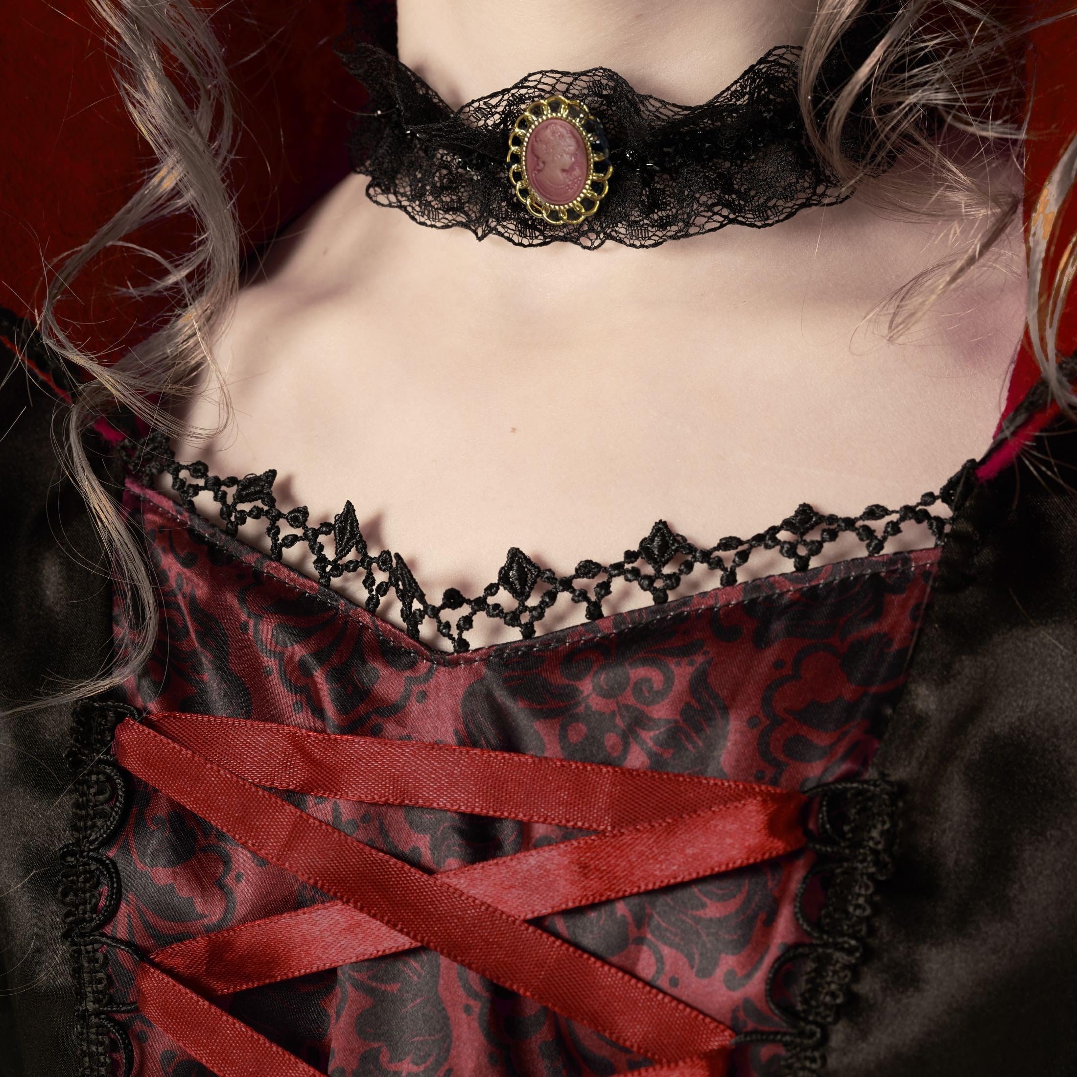 Morph Disfraz Vampiresa Niña, Disfraz Halloween Niña | Vestido Negro y Rojo con Cuello Alto & Collar, Encaje Gótico, Perfecto para Halloween, Ideal para Juegos de Rol